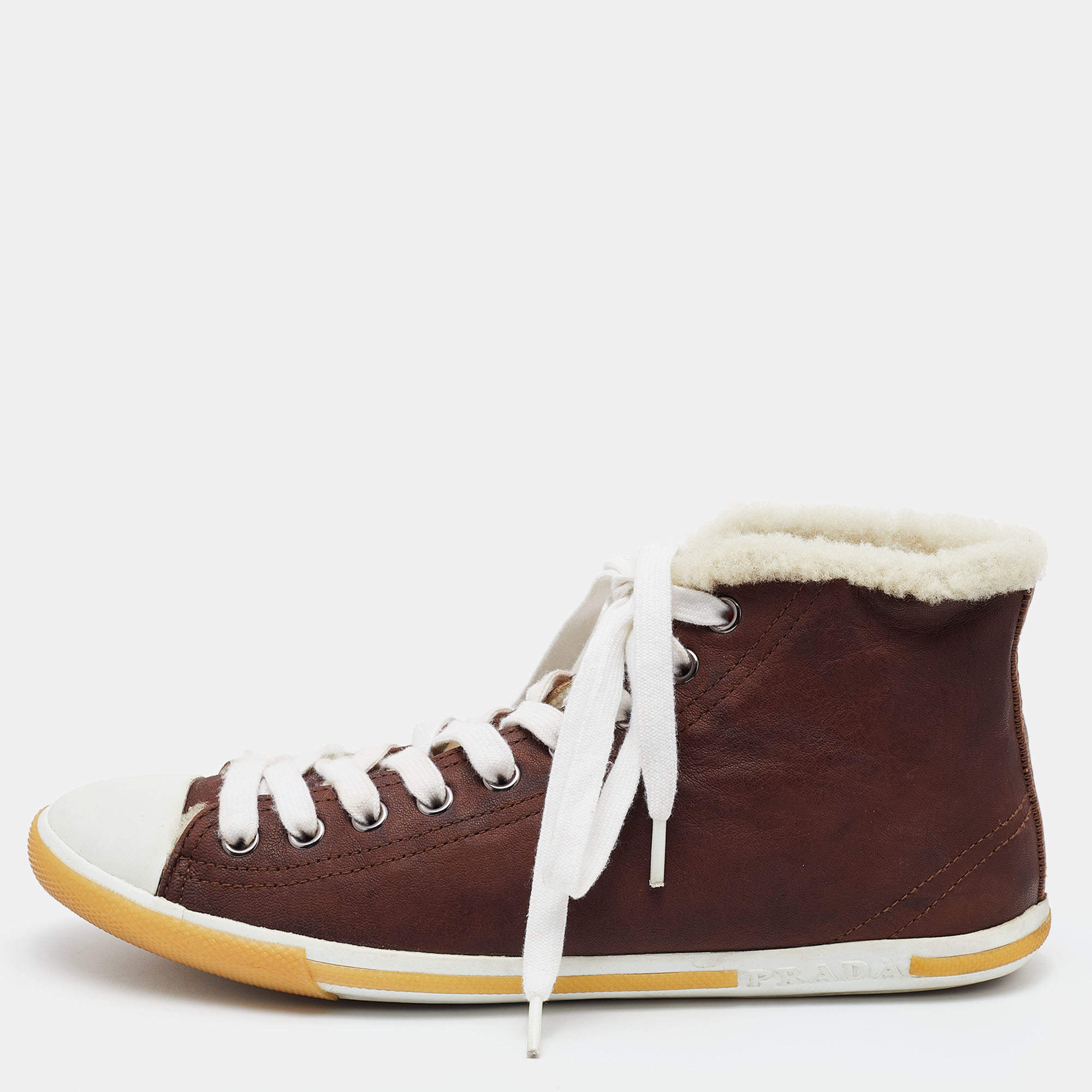 Prada Brown/White Nubuck Leather and Shearling Fur Lace Up Sneakers Size 39