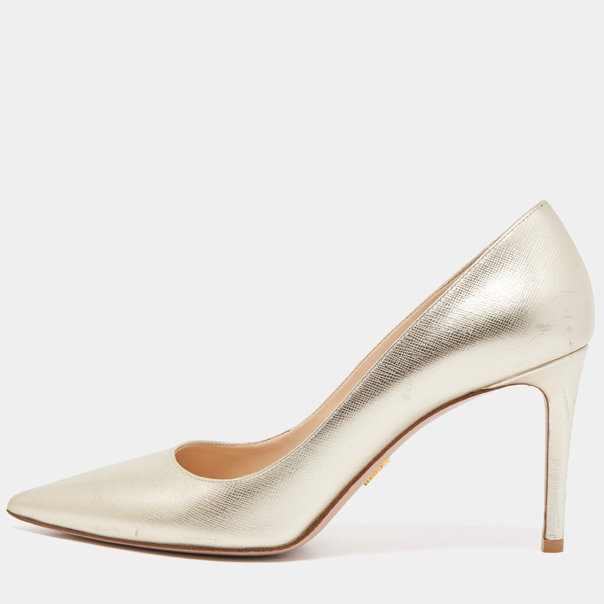 Prada Gold Textured Leather Pointed Toe Pumps Size 40