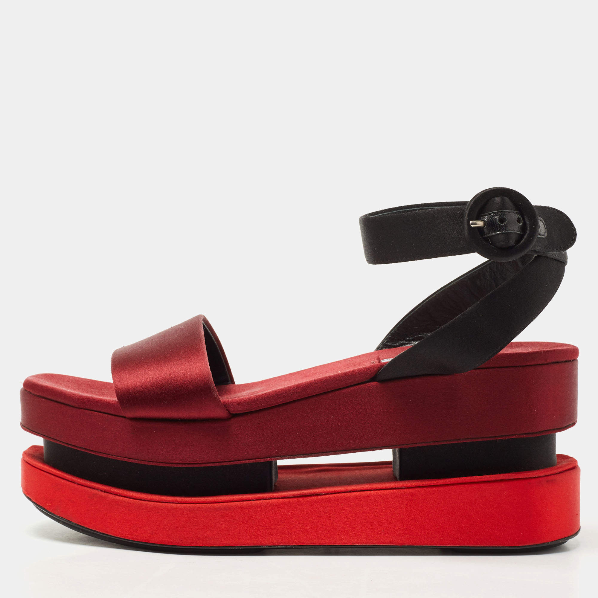 Prada TriColor Satin Merlot and Poppy Dual Platform Ankle Strap Sandals Size 39