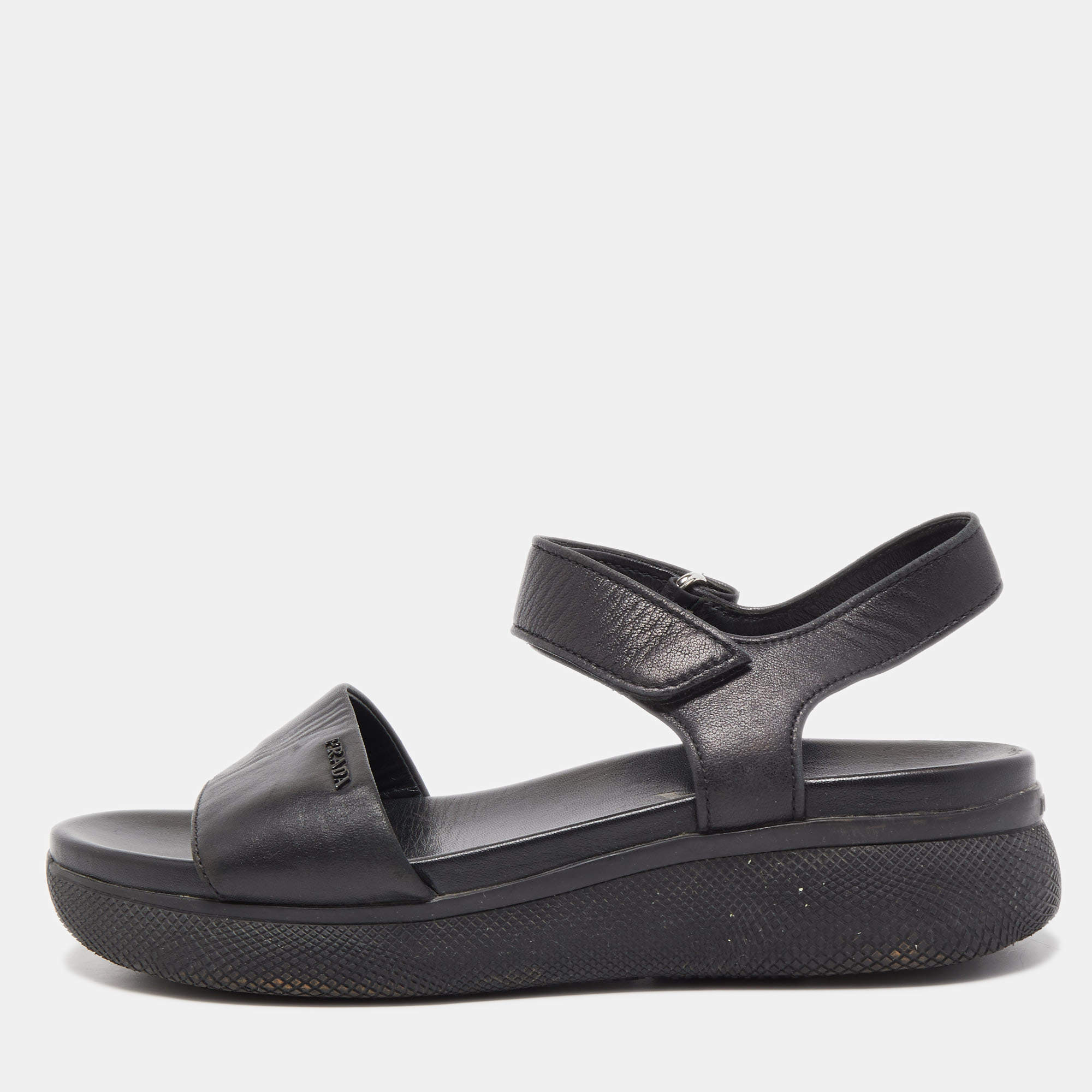 Prada Black Leather Ankle Strap Flat Sandals Size 37.5