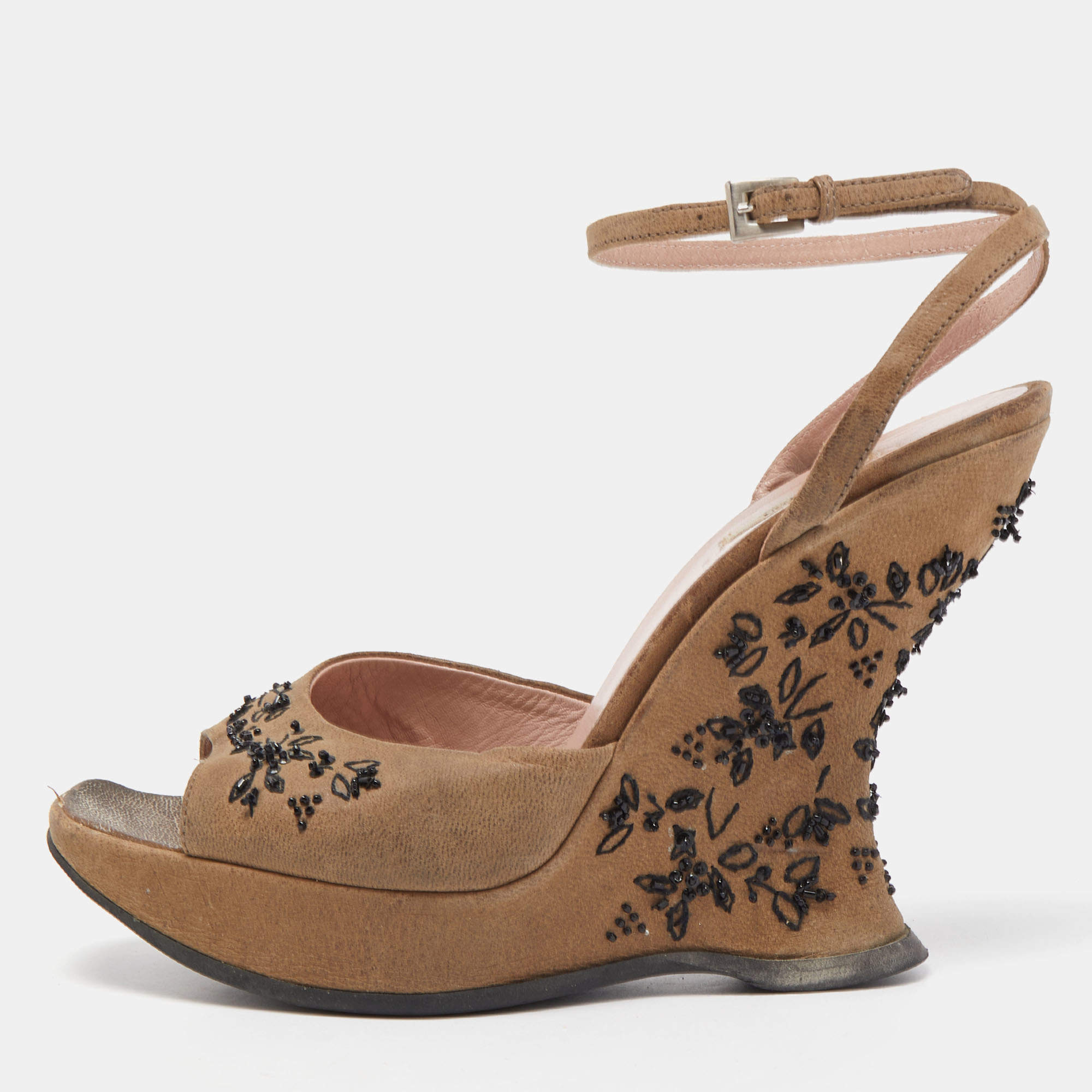 Prada Brown Nubuck Leather Embellished Wedge Ankle Strap Sandals Size 37.5