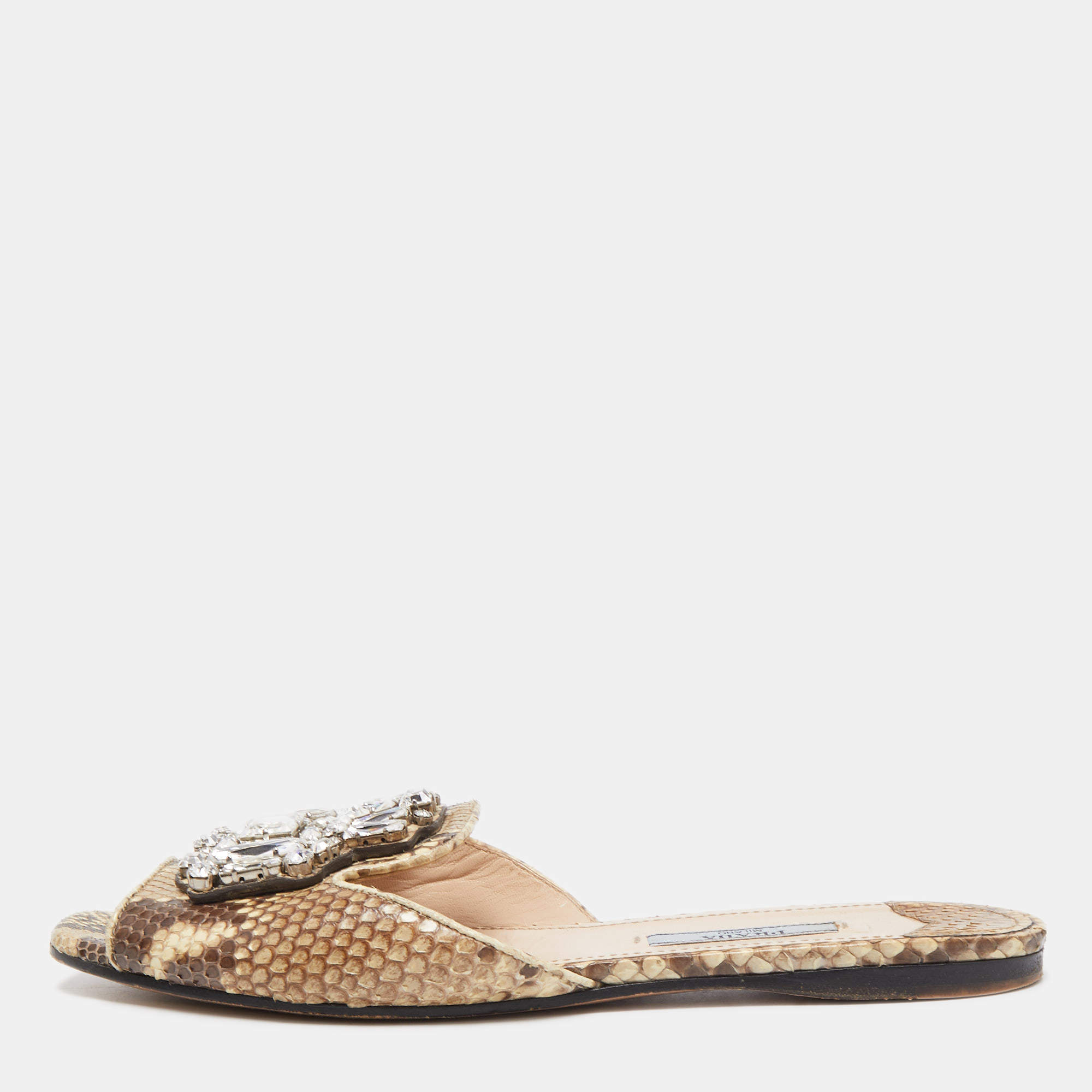 Pre Owned Prada Brown/Beige Python Crystal Embellished Flat Slides Size 37