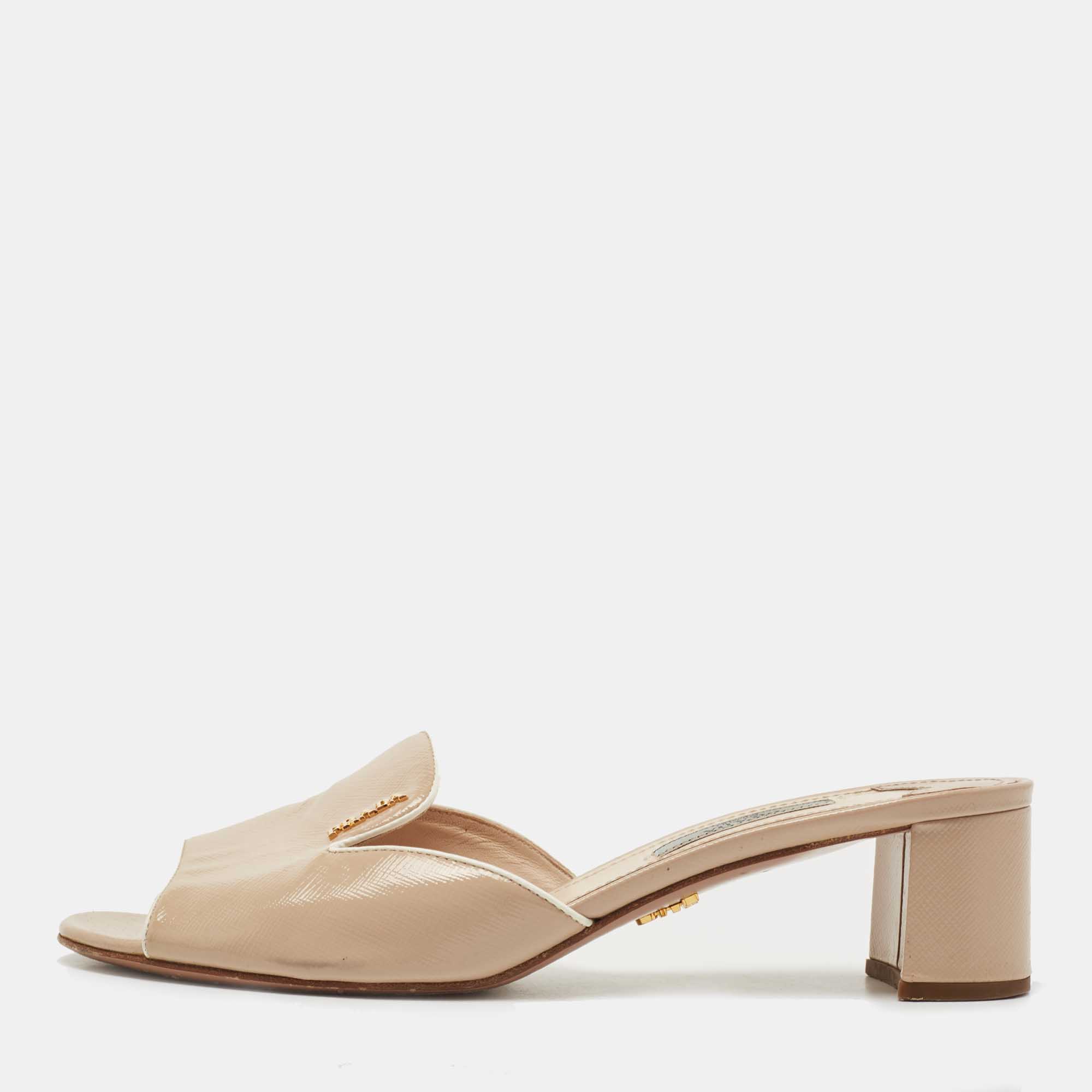 Pre Owned Prada Beige Saffiano Vernice Leather Slide Sandals Size 37.5