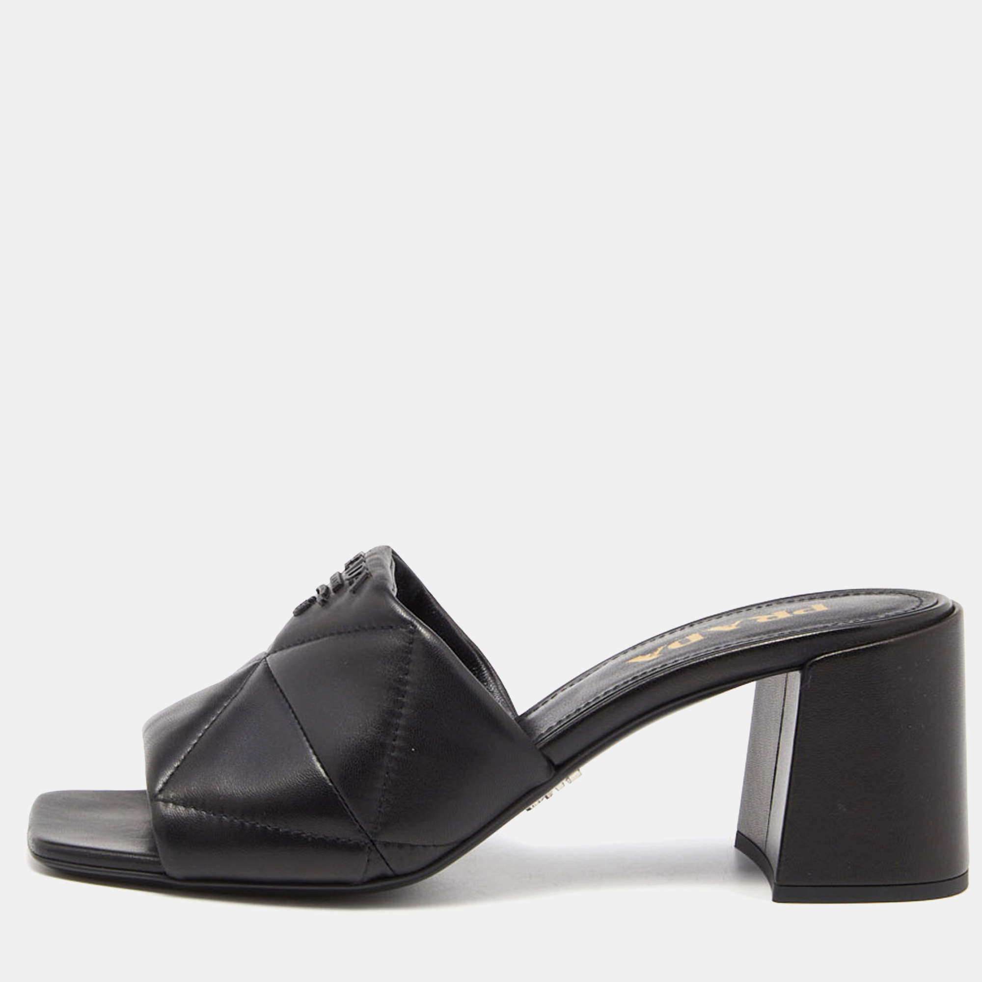 Pre Owned Prada Black Quilted Leather Logo Slide Sandals Size 38