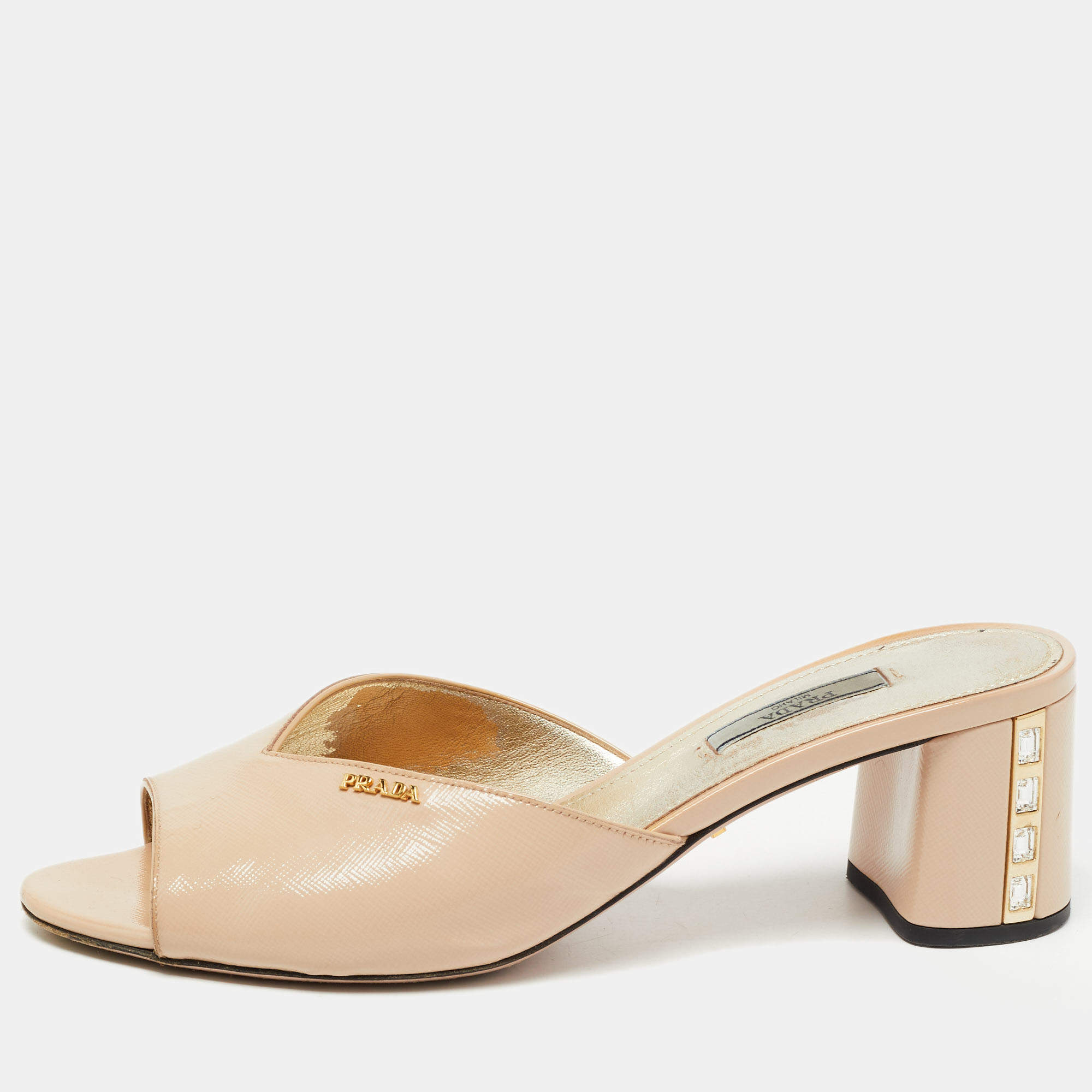 Prada Beige Saffiano Vernice Leather Crystal Embellished Block Heel Slide Sandals Size 40