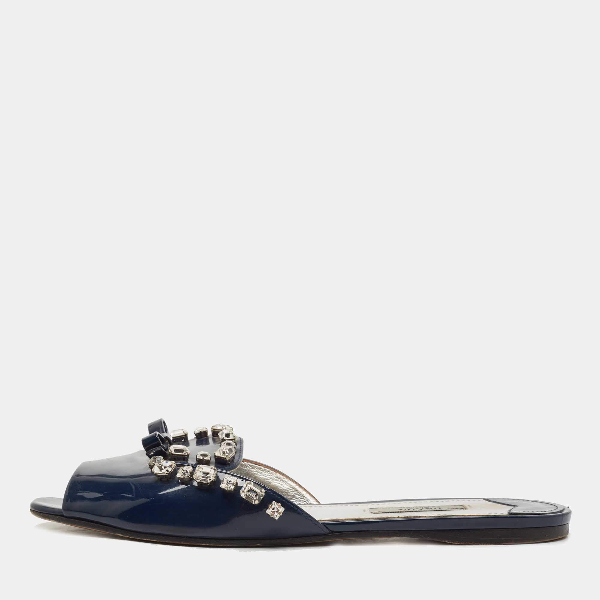 Prada Navy Blue Leather Crystal Embellished Bow Flat Slides Size 39.5