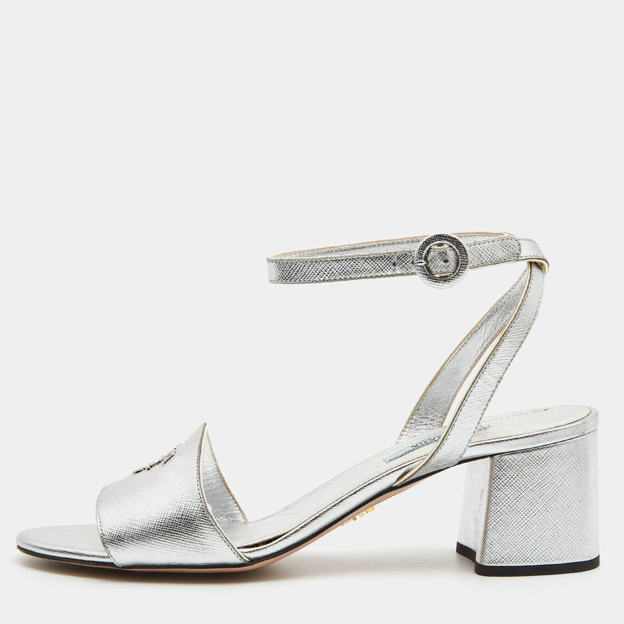 Pre Owned Prada Silver Foil Leather Block Heel Ankle Strap Sandals Size 40