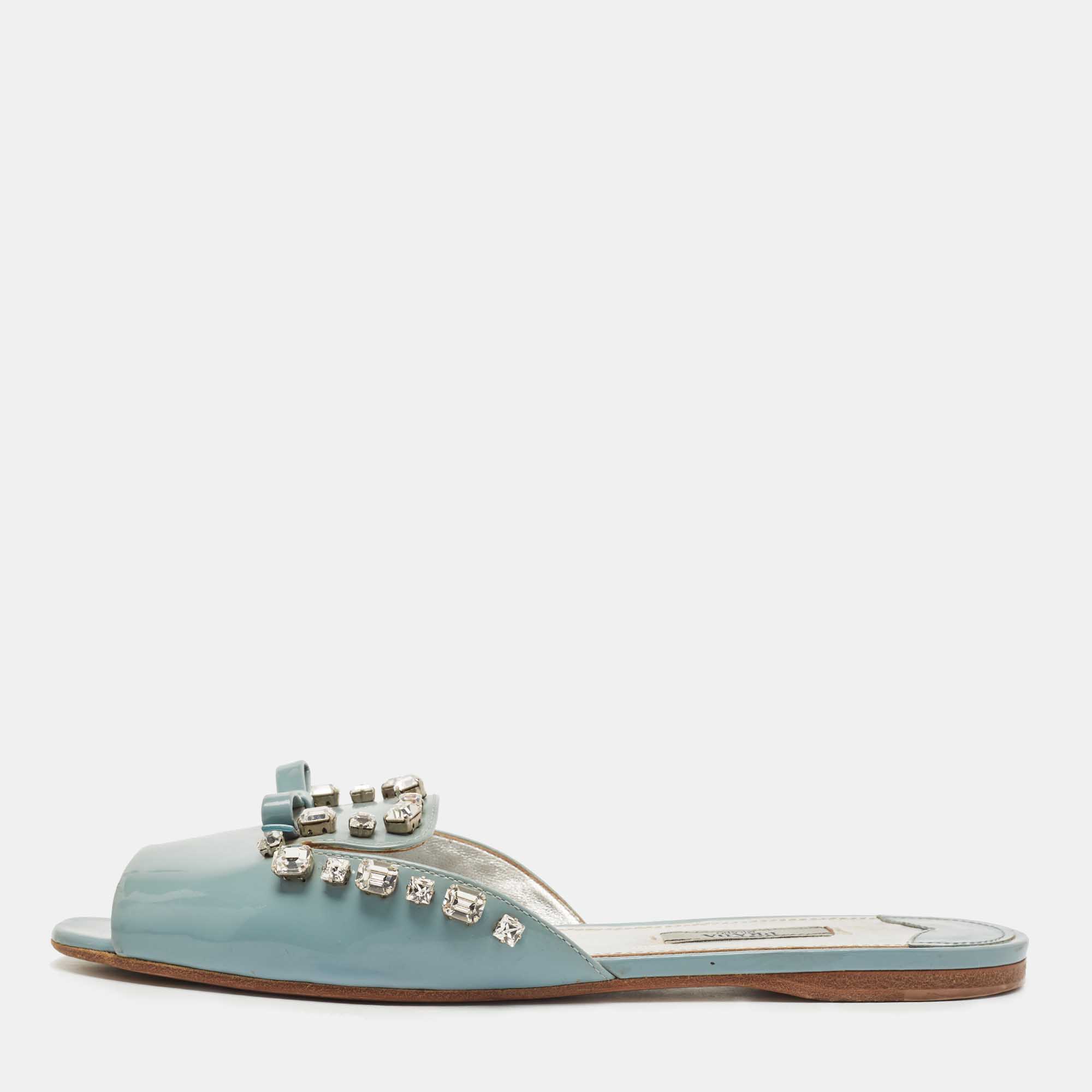 Prada Grey Patent Leather Crystal Embellished Bow Flat Slides Size 40