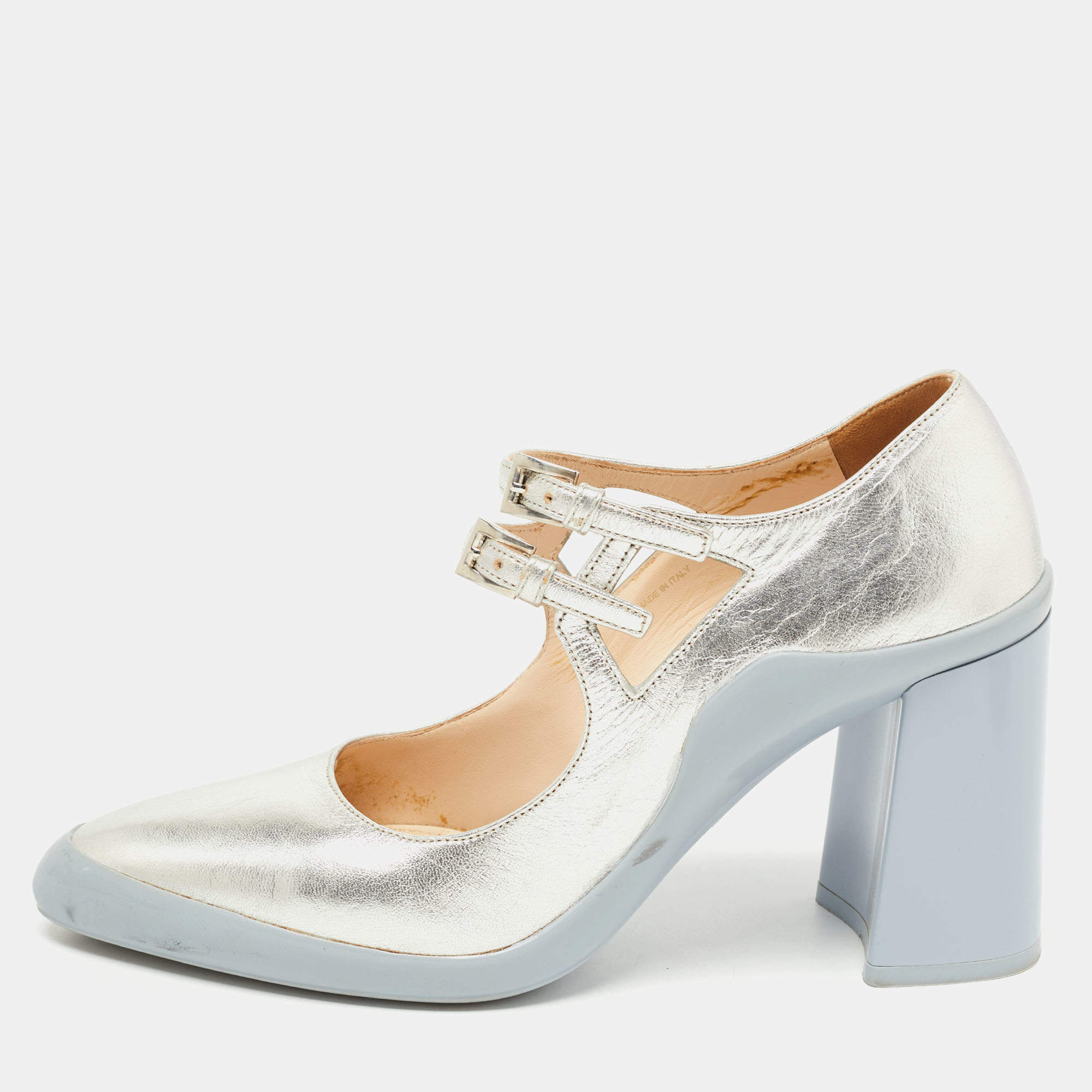 Pre Owned Prada Silver Leather Block Heel Pumps Size 38