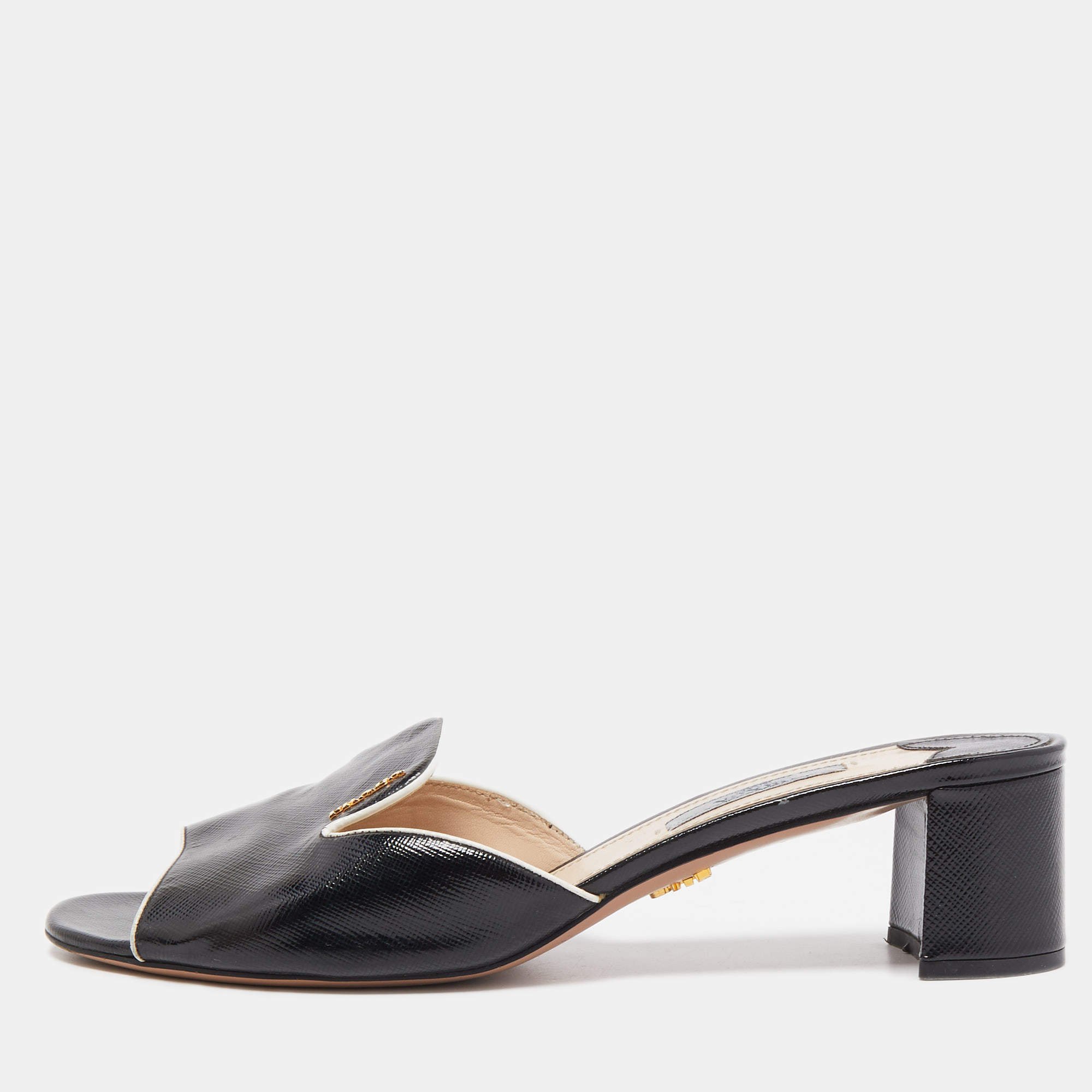 Prada Black Saffiano Vernice Leather Slide Sandals Size 39