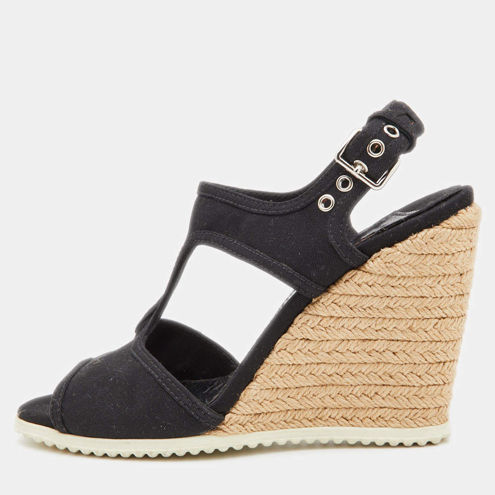 Pre Owned Prada Black Canvas Wedge Sport Sandals Size 37