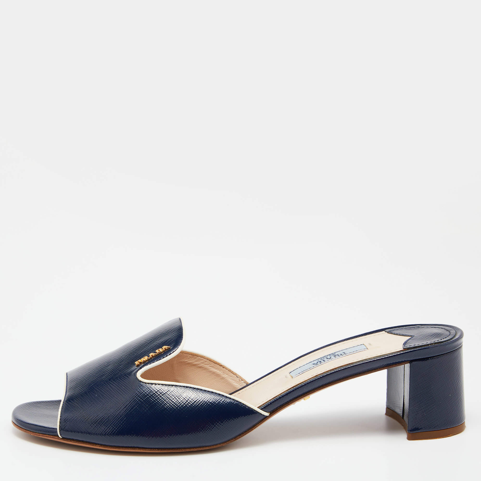 Prada Blue/White Saffiano Patent Leather Block Heel Slides Size 40