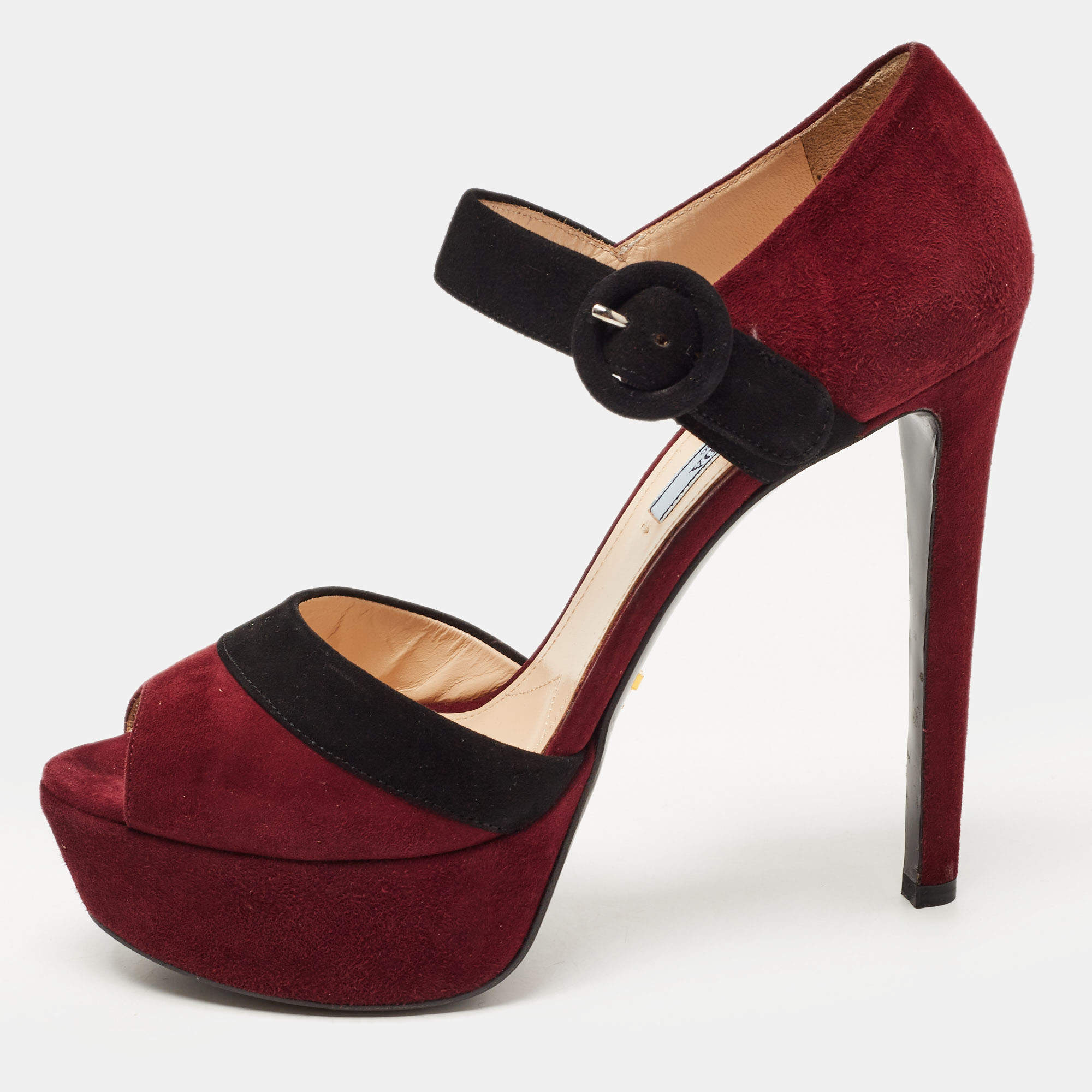 Prada Burgundy/Black Suede Peep Toe Platform Ankle Strap Sandals Size 39