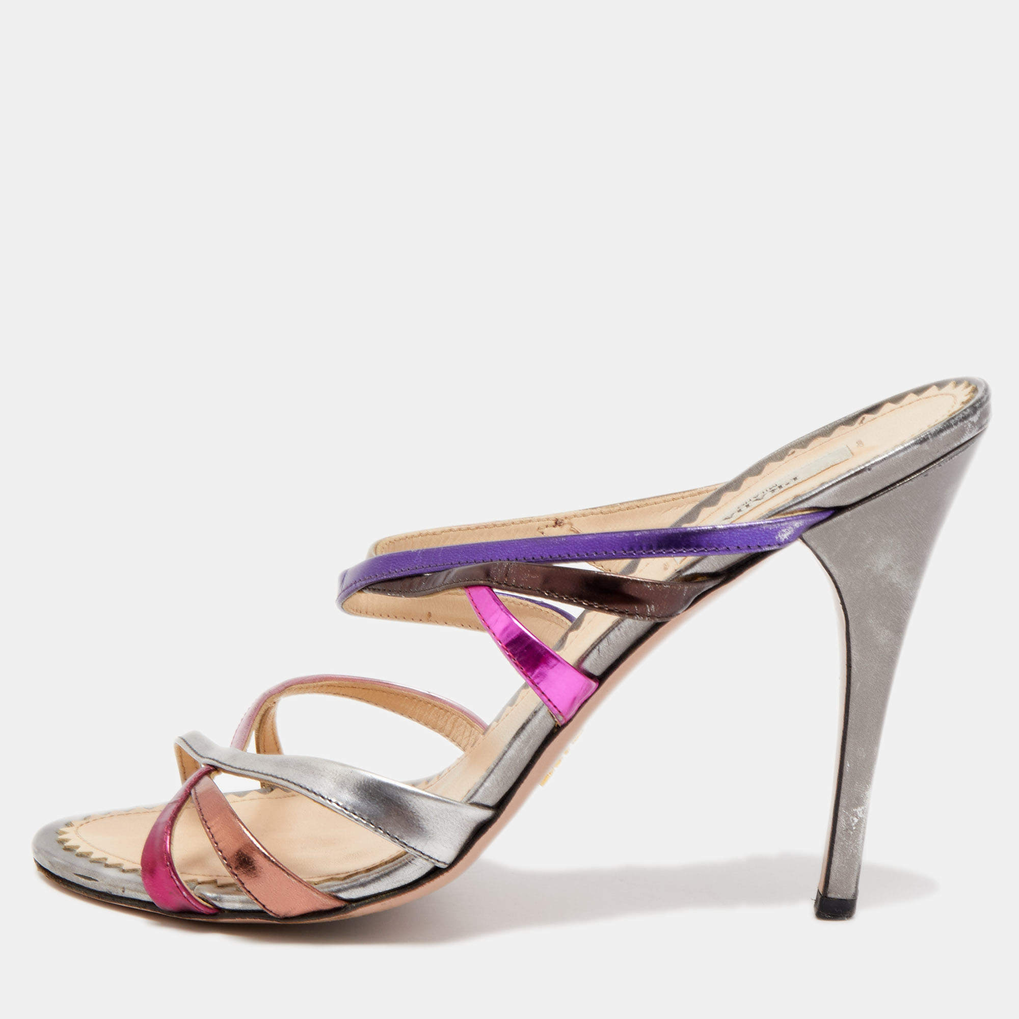 Prada Multicolor Leather Strappy Slide Sandals Size 40
