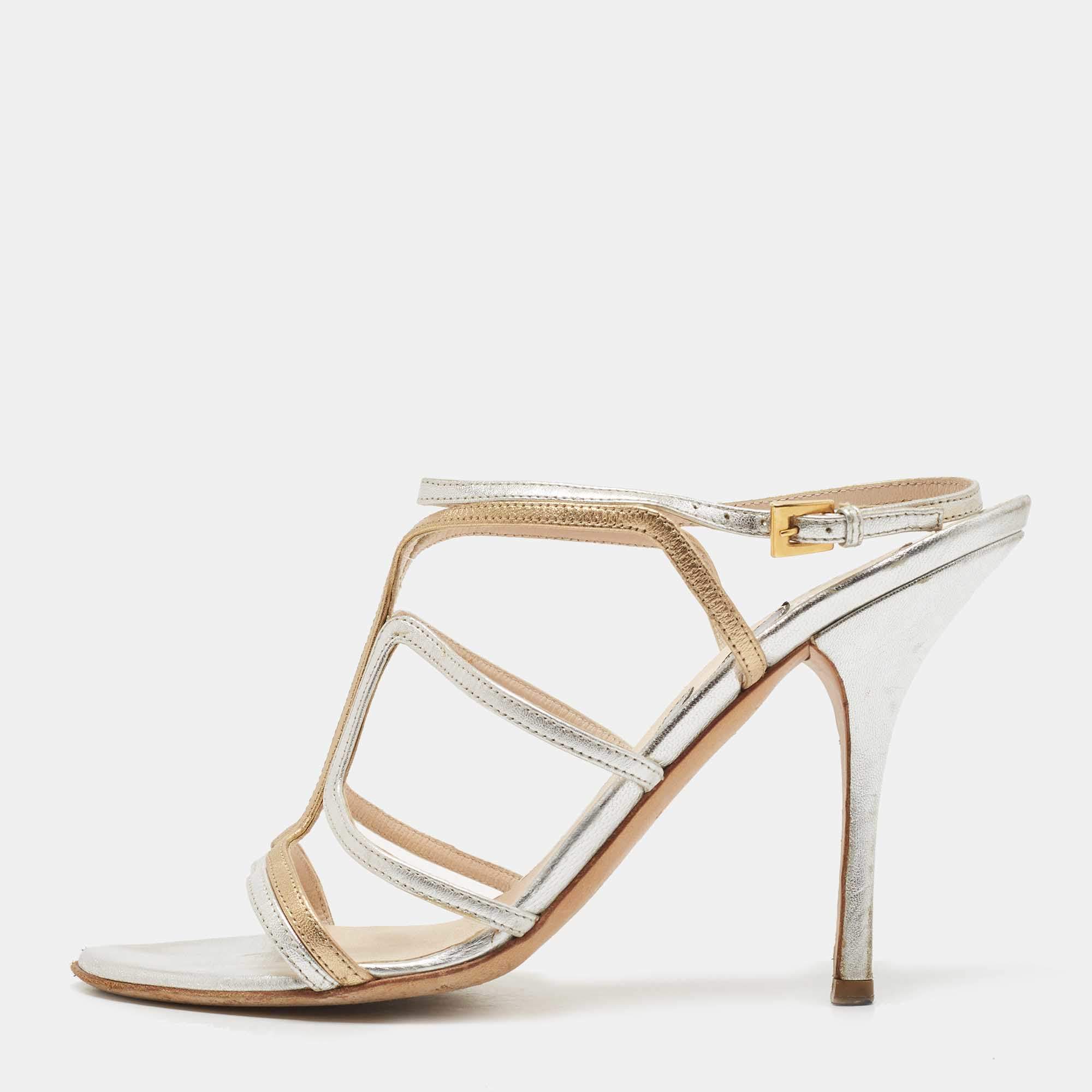 مملوكة مسبقًا Prada Silver/Gold Leather Strappy Sandals Size 39.5