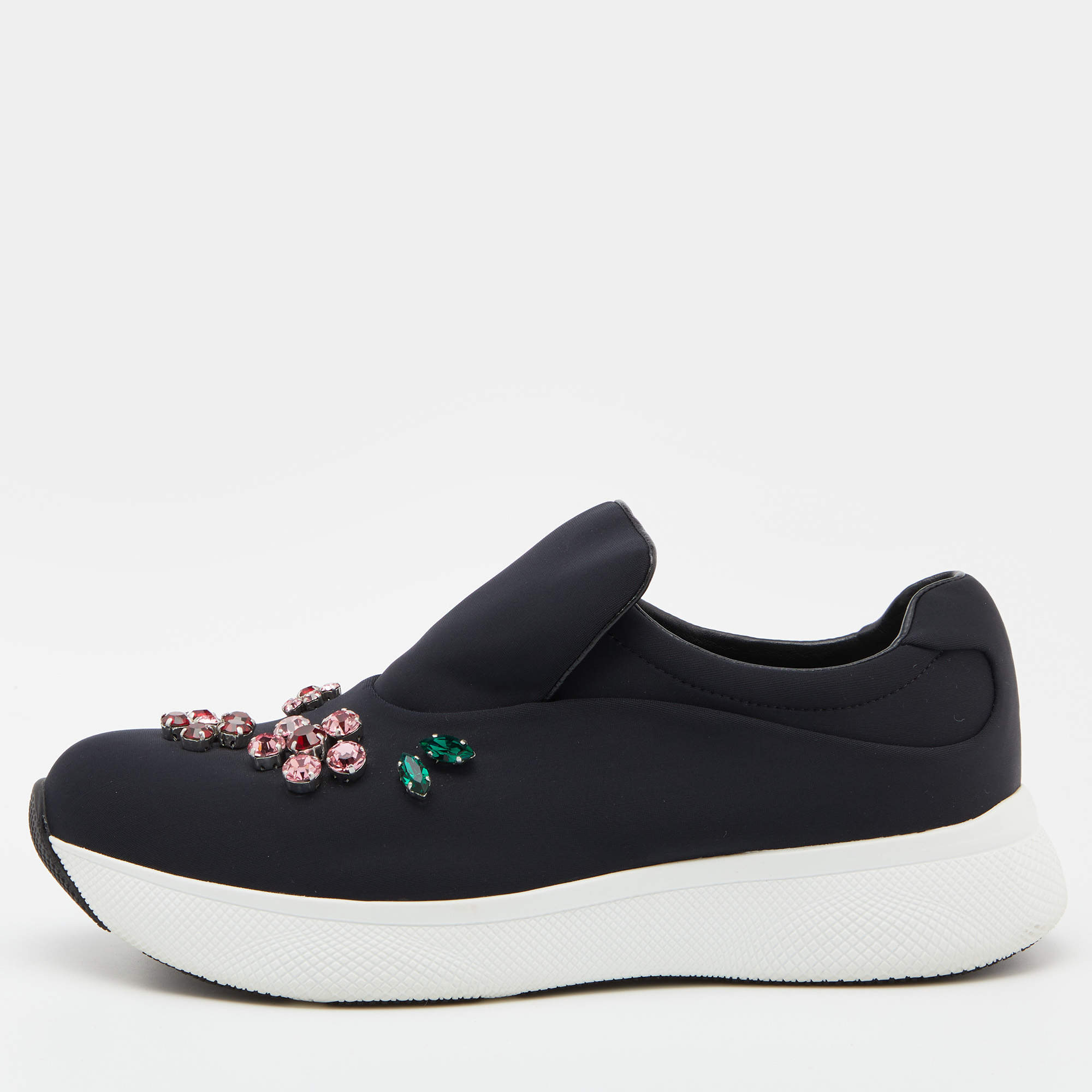 Pre Owned Prada Black Neoprene Crystal Embellished Slip On Sneakers Size 38.5