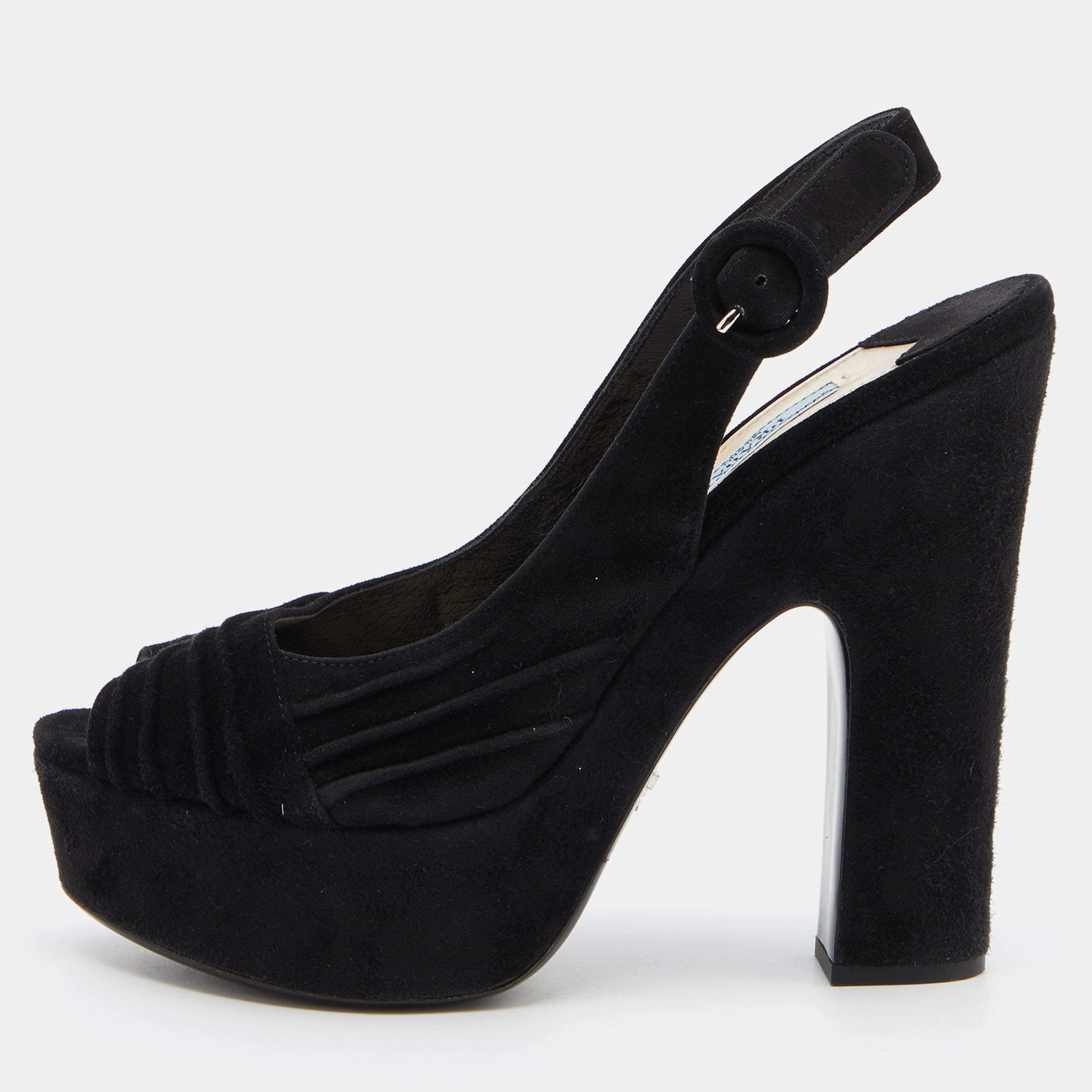 Pre Owned Prada Black Pleated Suede Peep Toe Platform Slingback Pumps Size 38.5
