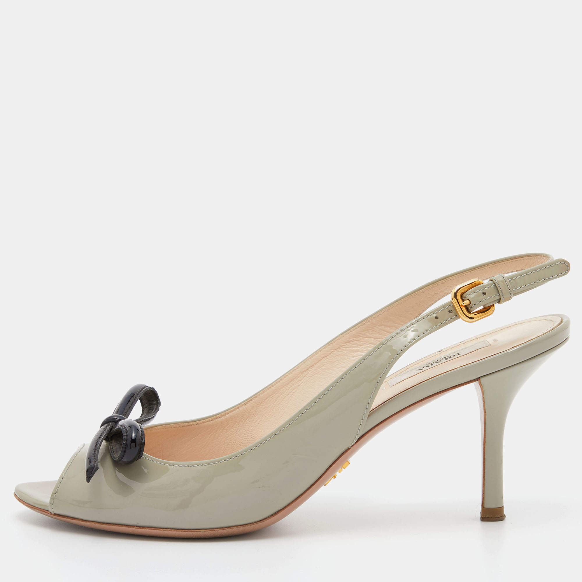 Pre Owned Prada Light Green Patent Leather Bow Slingback Sandals Size 39