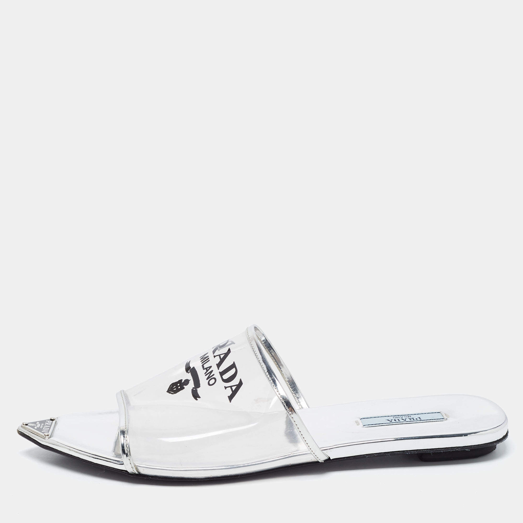Pre Owned Prada Silver Foil Leather and PVC Flat Slides Size 39.5