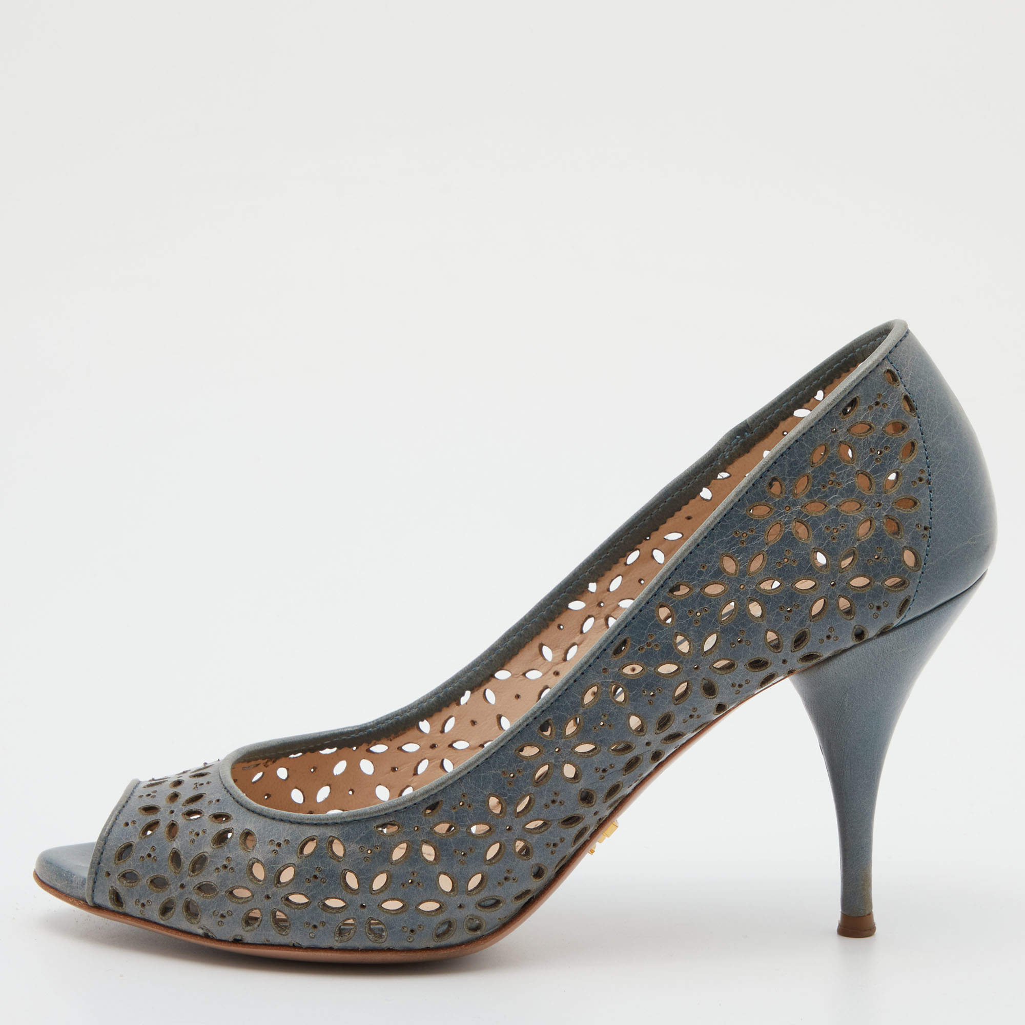Pre Owned Prada Light Blue Lasercut Leather Peep Toe Pumps Size 38.5