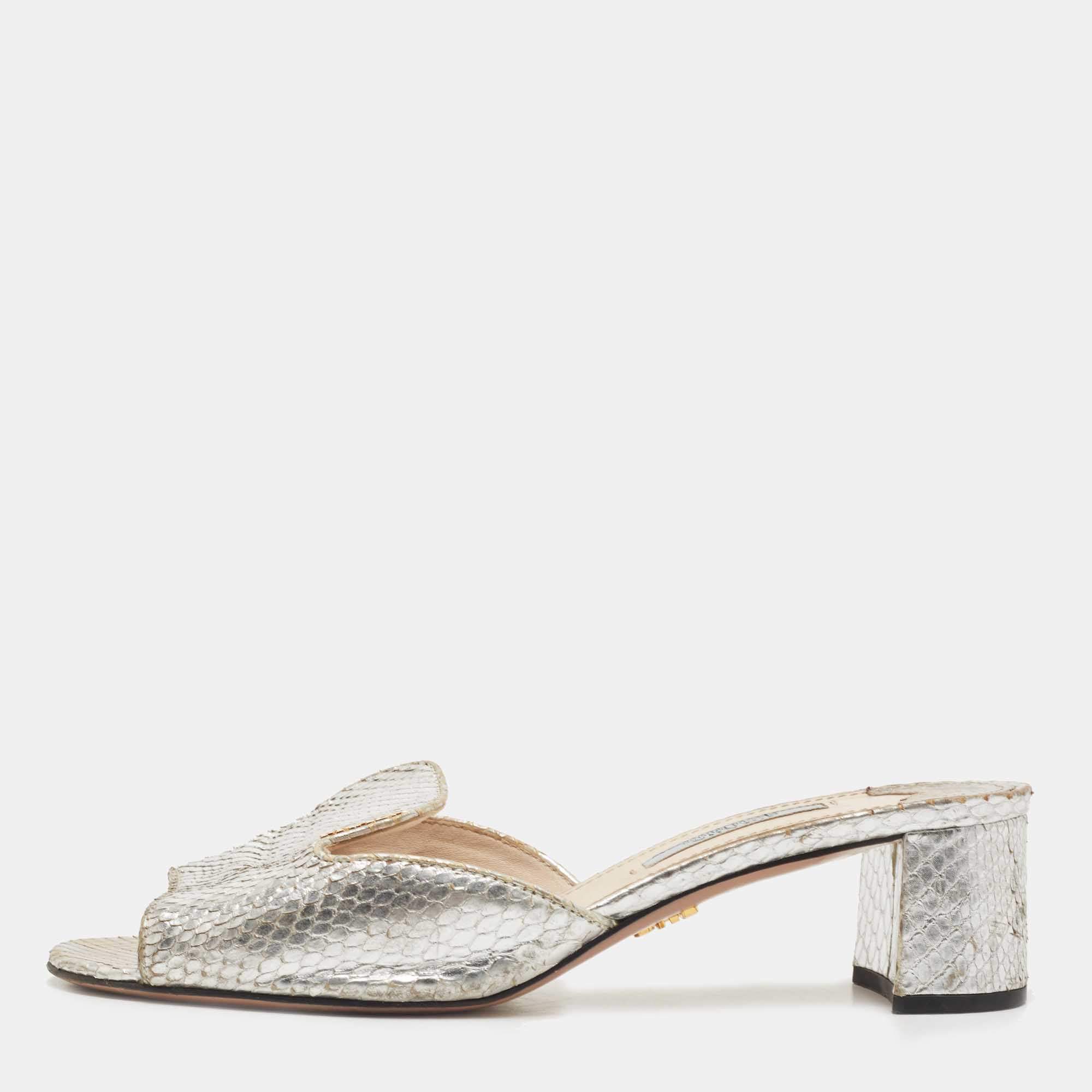 Prada Metallic Silver Python Embossed Leather Slide Sandals Size 36