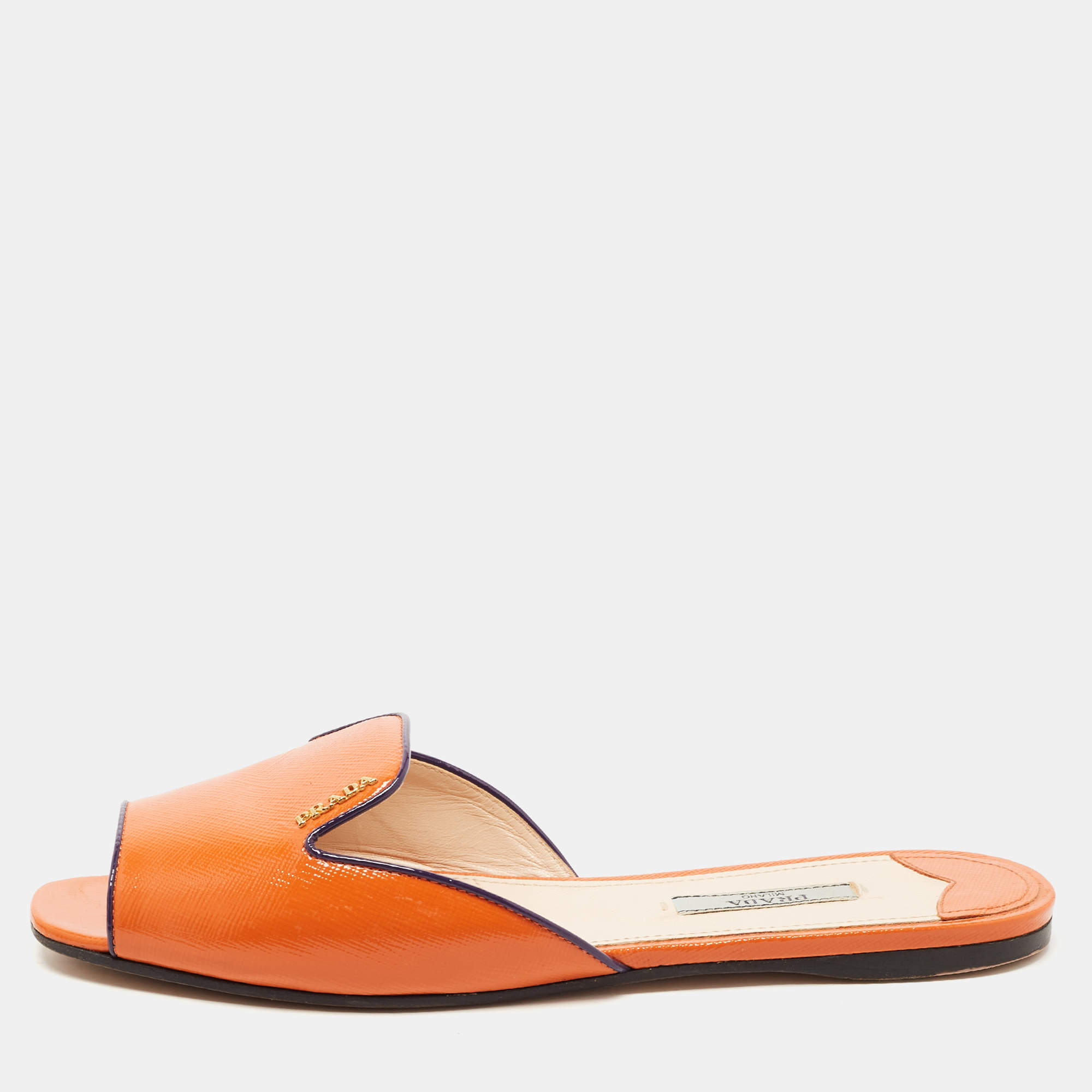 Prada Orange Patent Leather Flat Slides Size 38.5