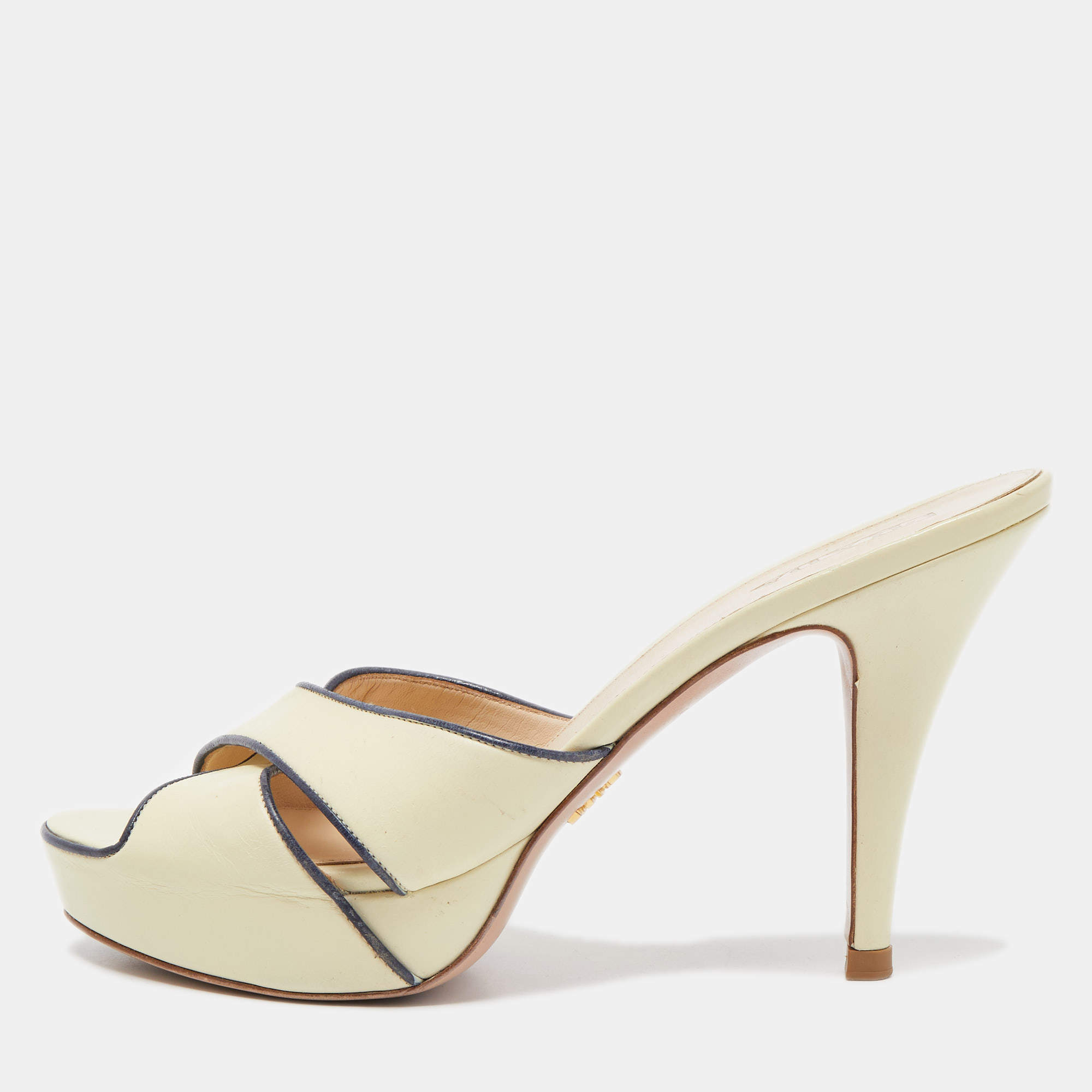 Prada Cream/Navy Blue Leather Cross Strap Slide Sandals Size 39