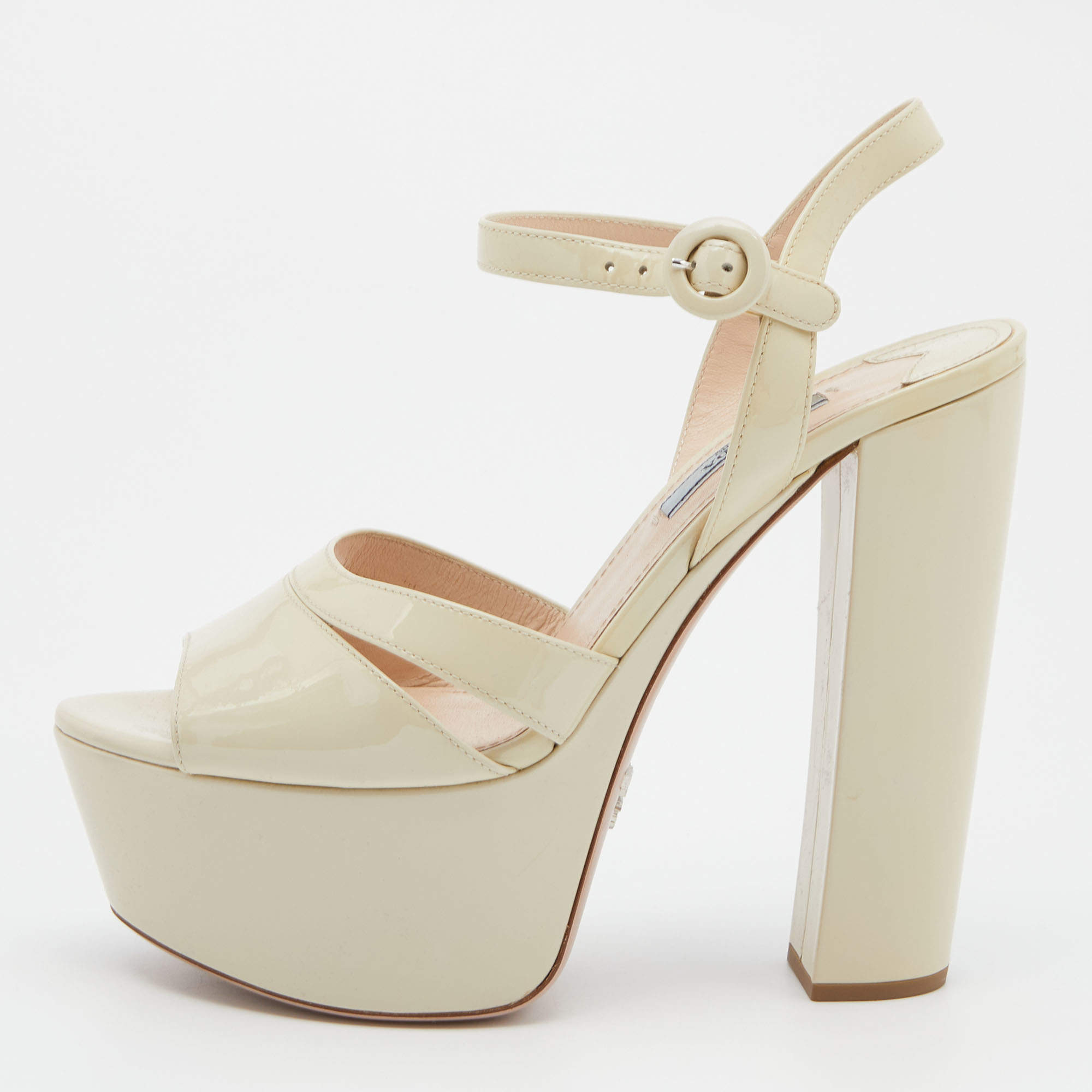 Prada Off White Patent Leather Ankle Strap Block Heel Platform Sandals Size 38.5
