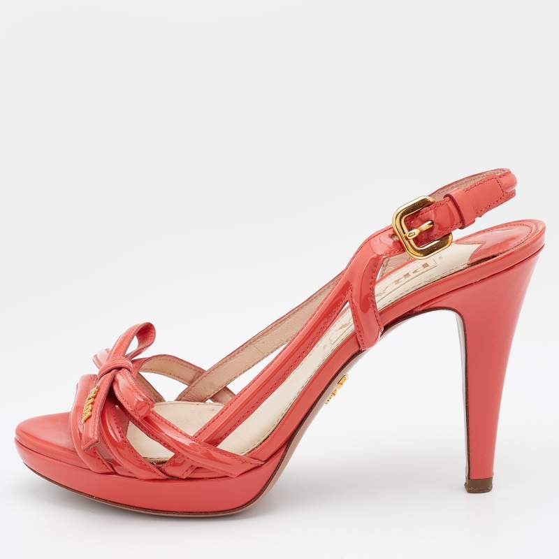 Prada Orange Patent Leather Bow Open Toe Slingback Sandals Size 37.5