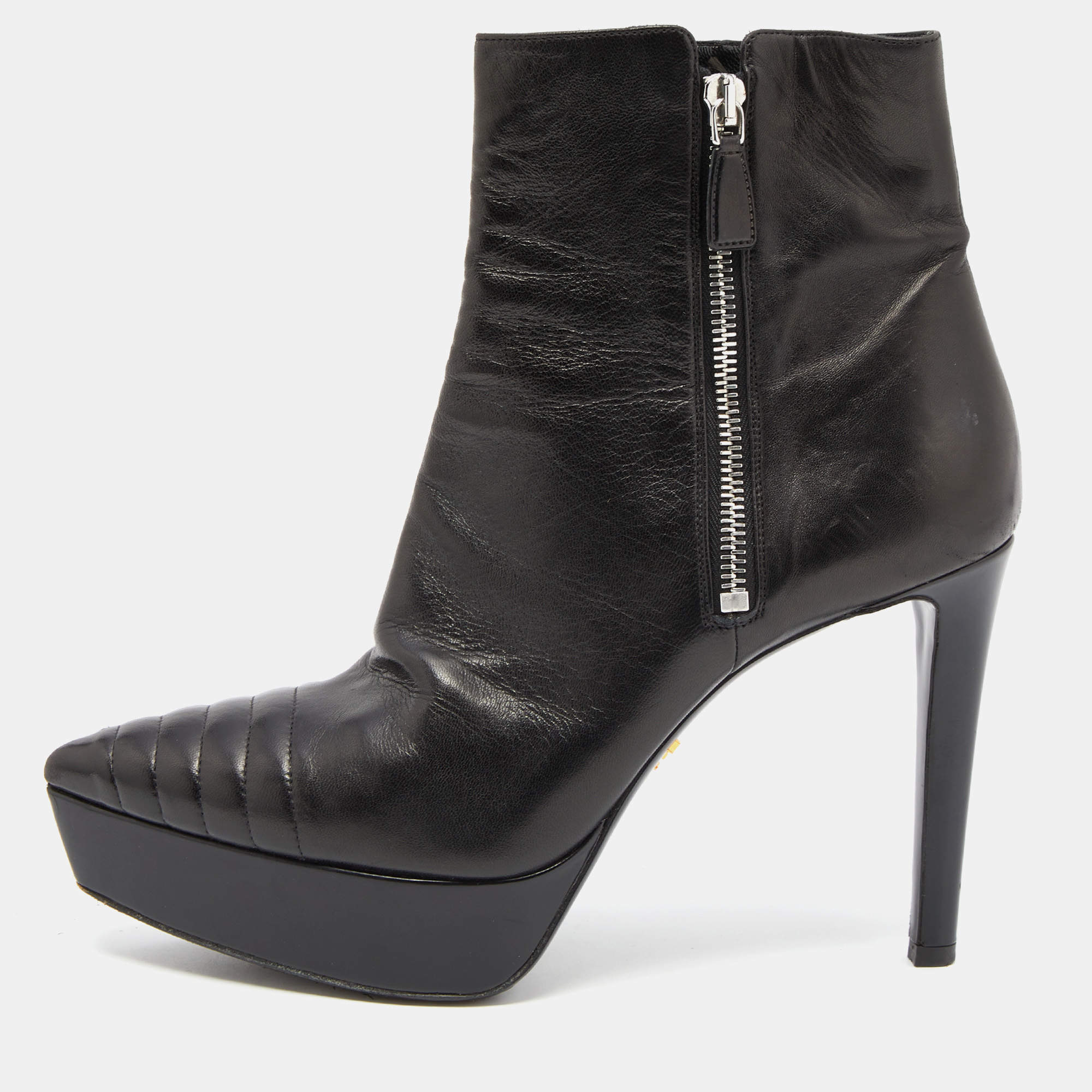 Prada Black Leather Platform Ankle Booties Size 38
