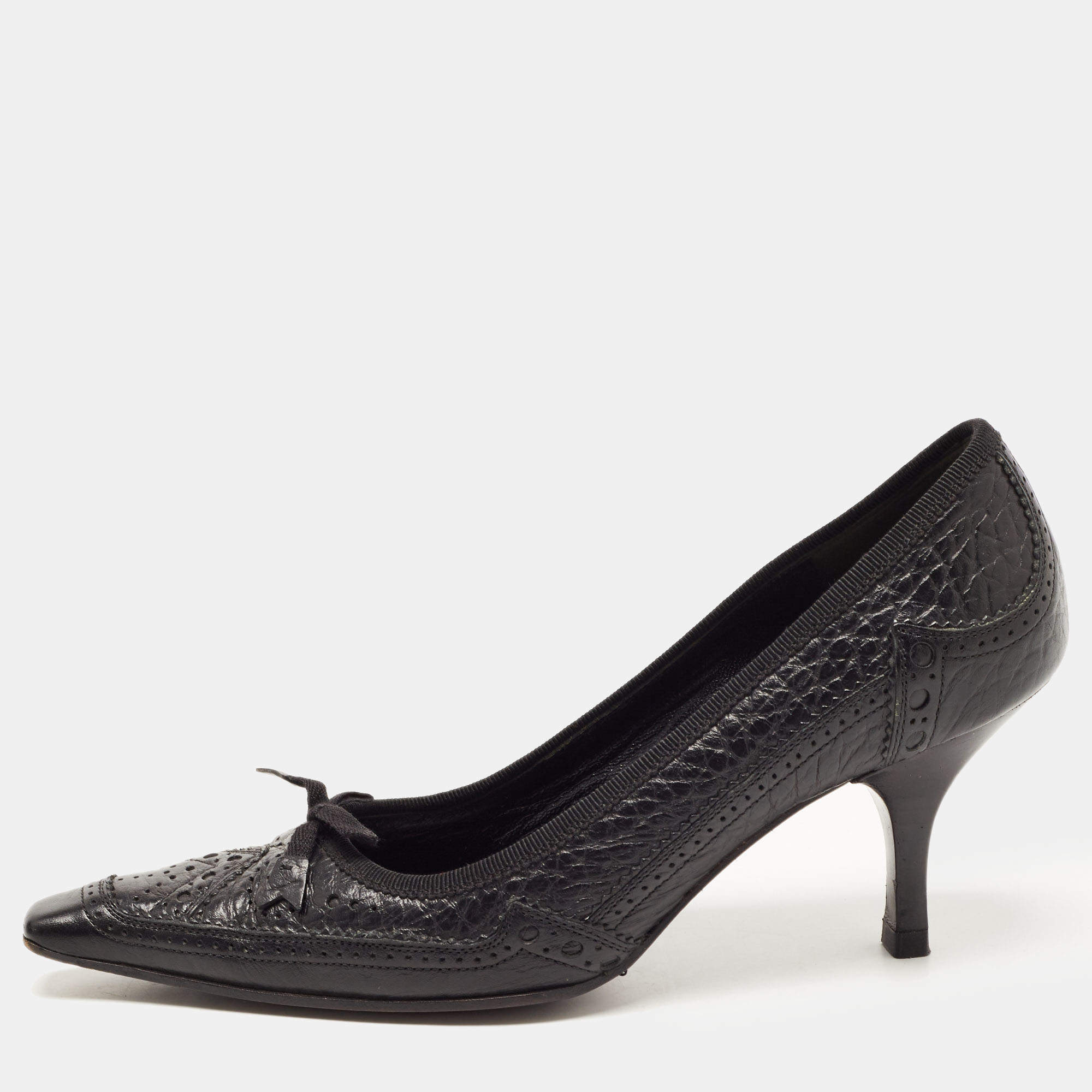 Pre Owned Prada Black Brogue Leather Bow Pointed Toe Pumps Size 36