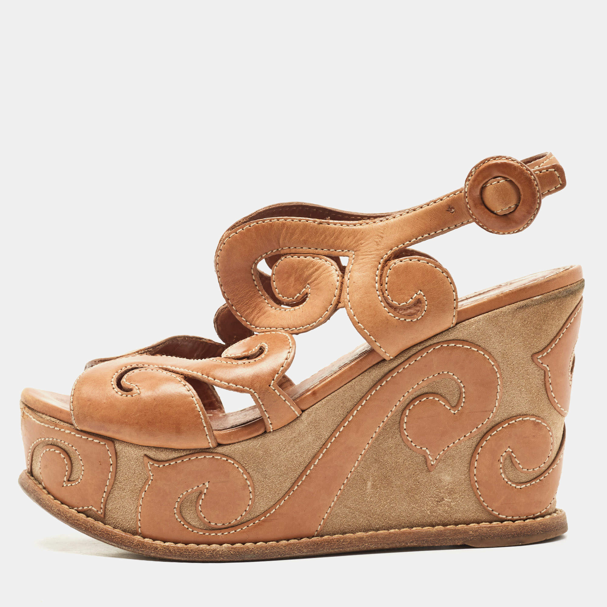 مملوكة مسبقًا Prada Brown Leather Cut Out Wedge Sandals Size 36.5