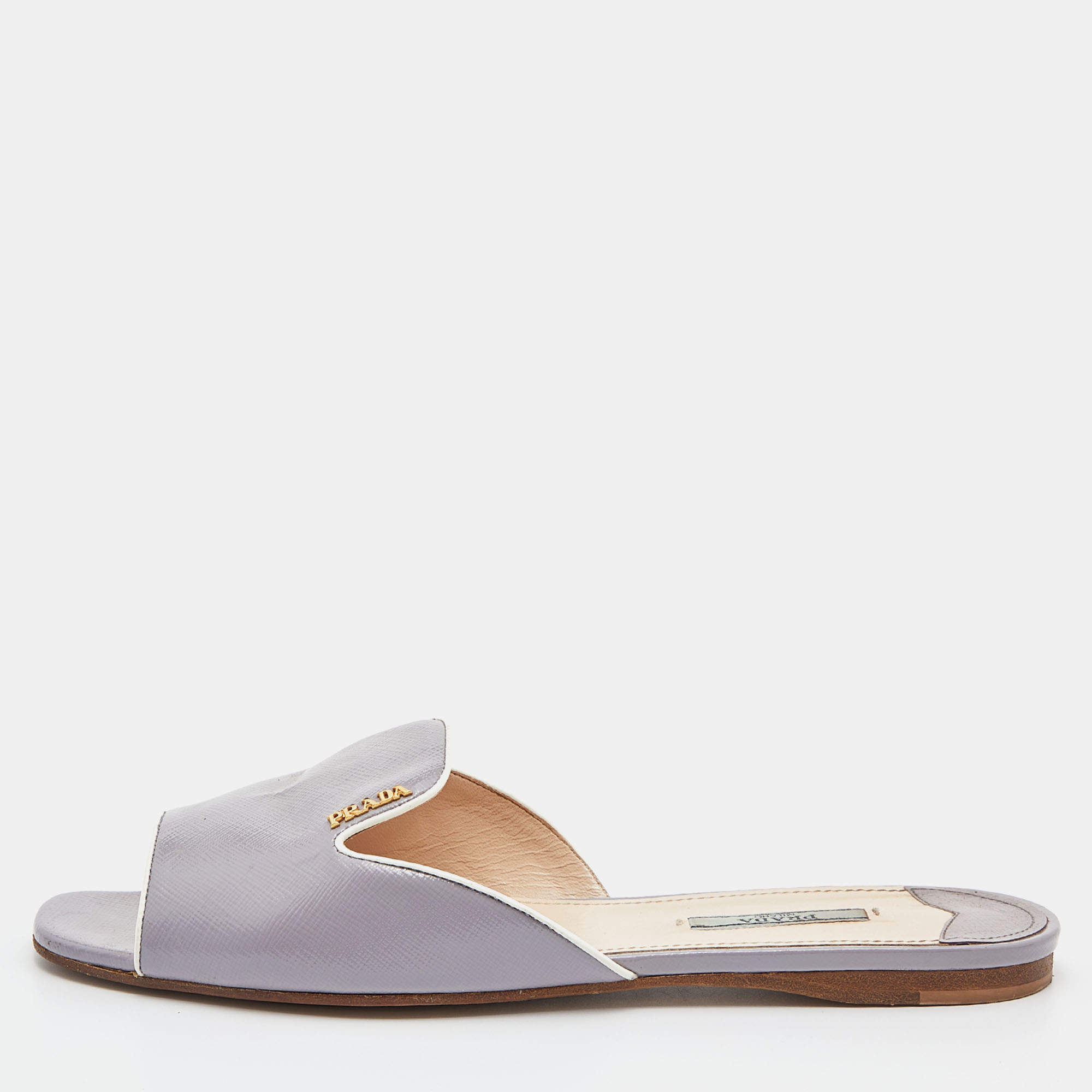 Prada Grey Saffiano Patent Leather Flat Slides Size 39.5