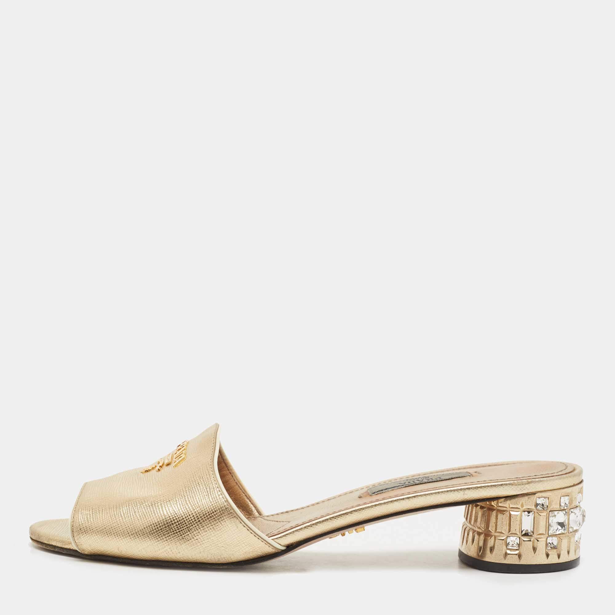 Pre Owned Prada Gold Leather Crystal Embellished Heel Slide Sandals Size 37.5