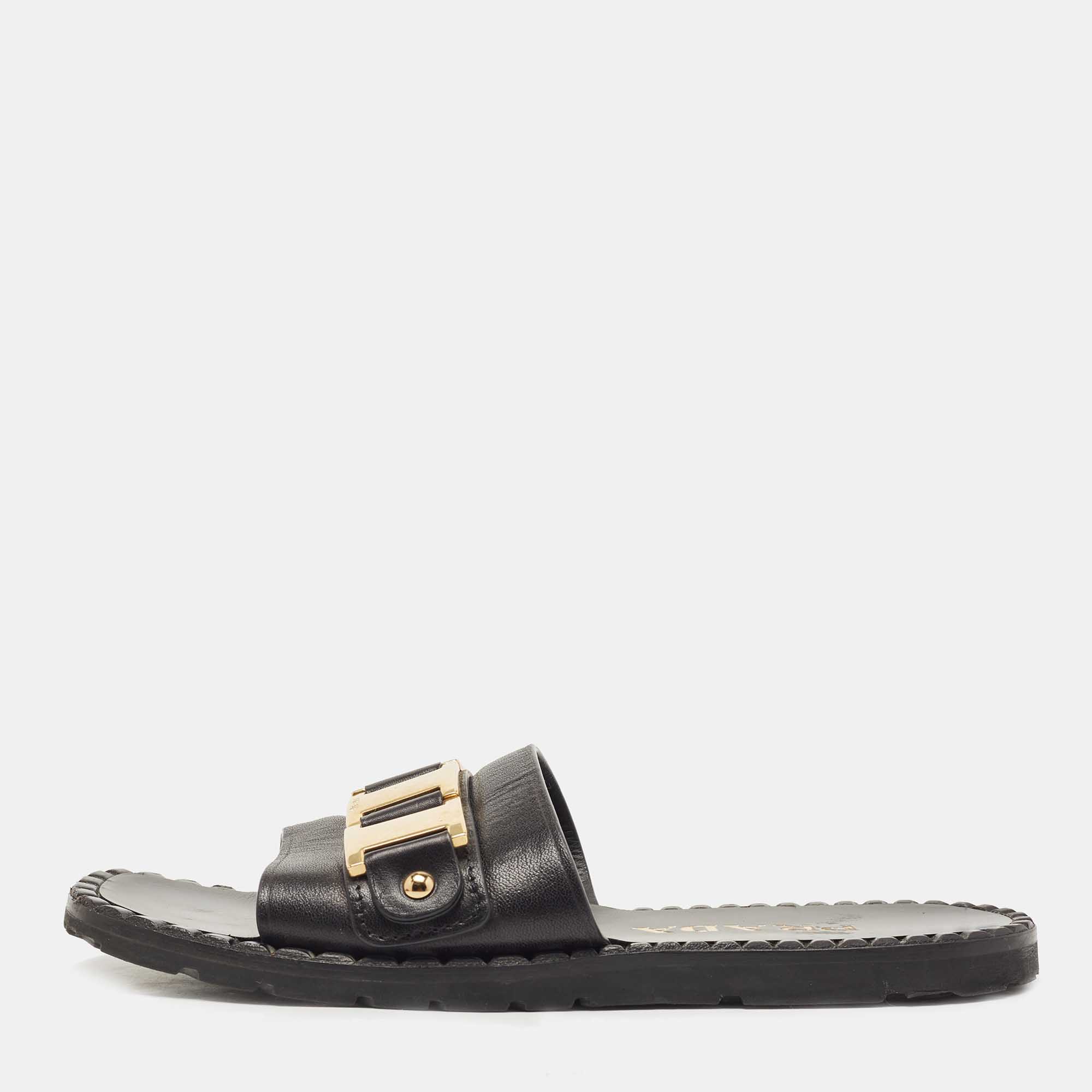Prada Black Leather Logo Slide Flats Size 38     