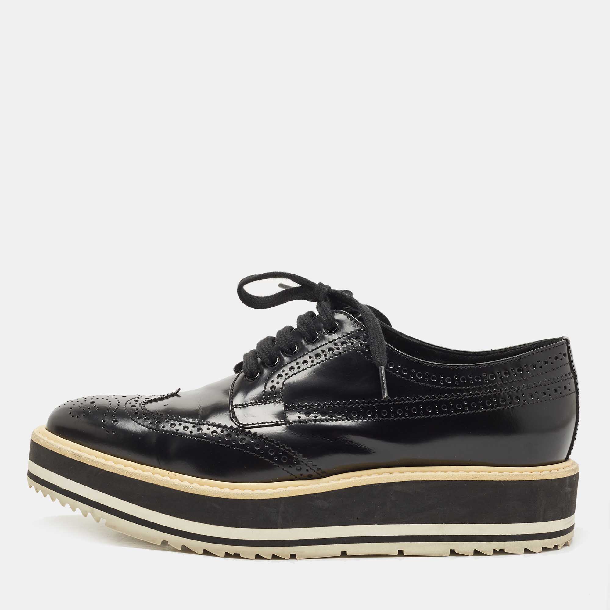 Prada Black Brogue Patent Leather Platform Derby Size 38