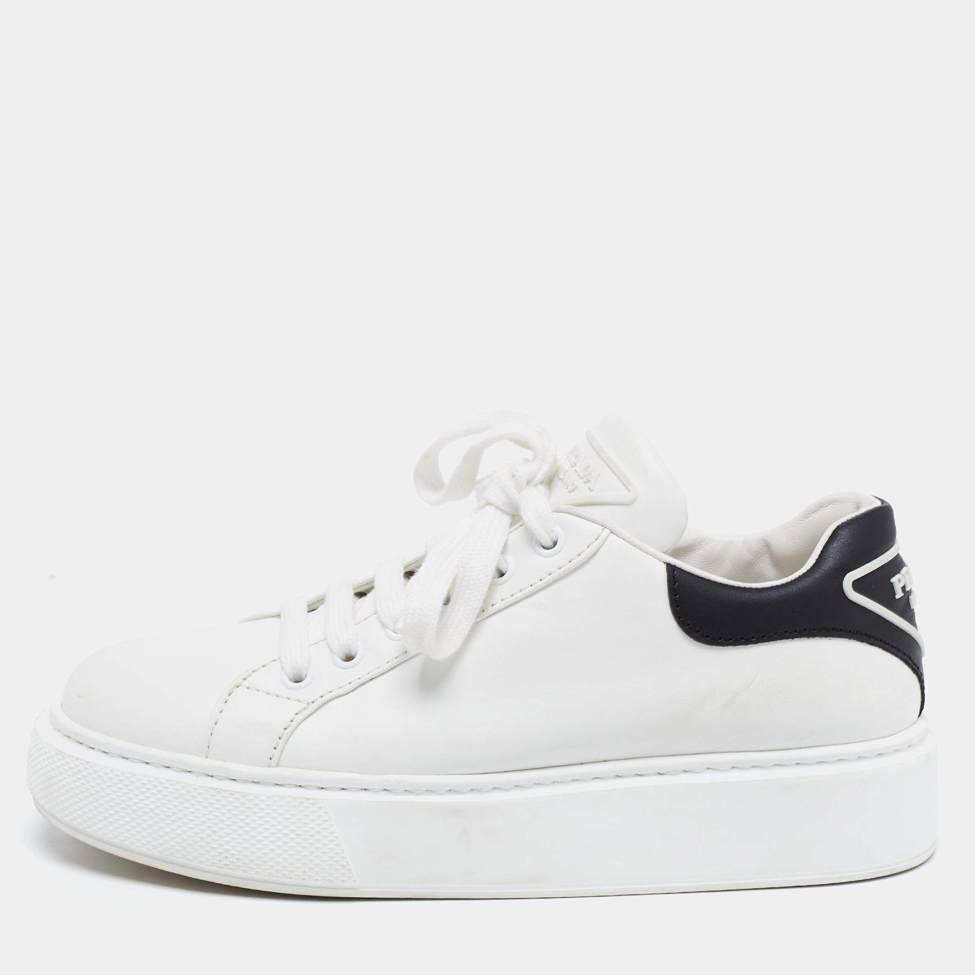 Pre Owned Prada White/Black Leather Macro Low Top Sneakers Size 37