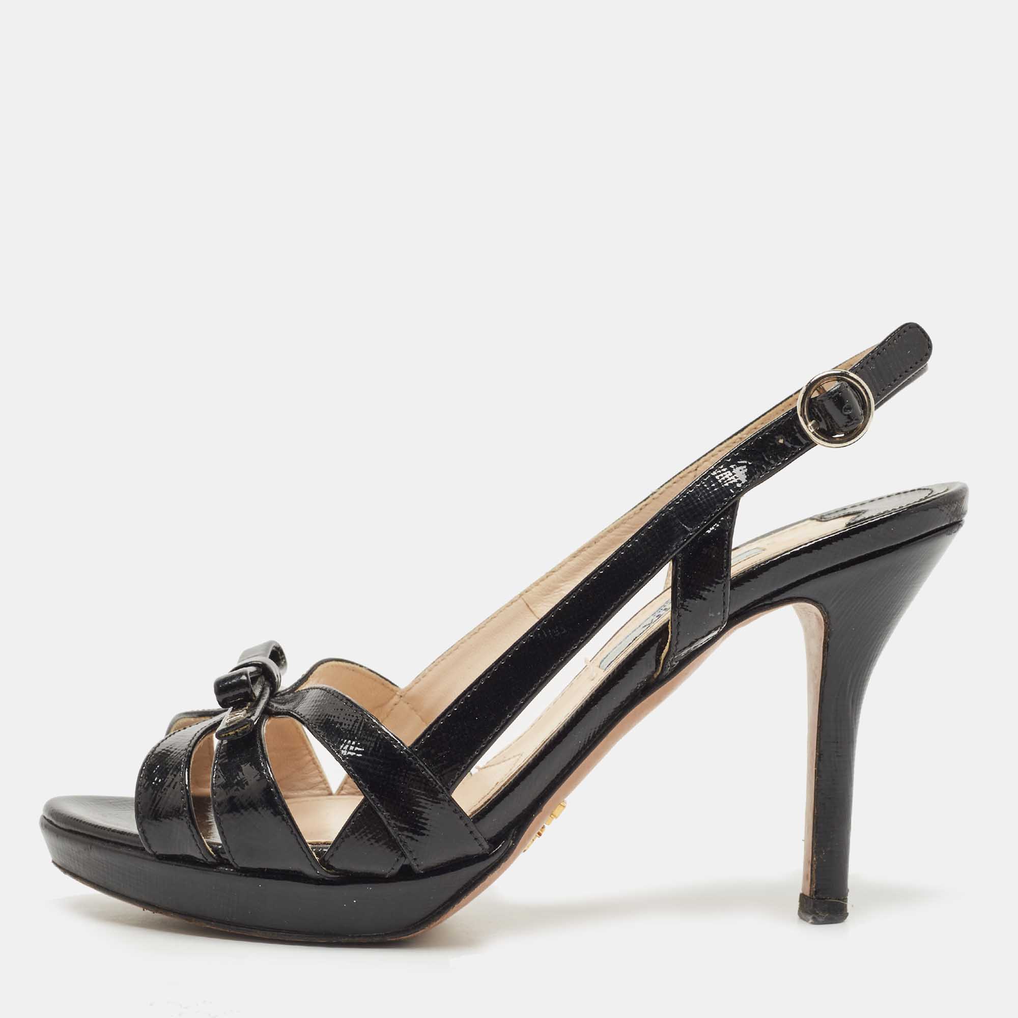 Pre Owned Prada Black Saffiano Vernice Leather Bow Platform Slingback Sandals Size 35.5