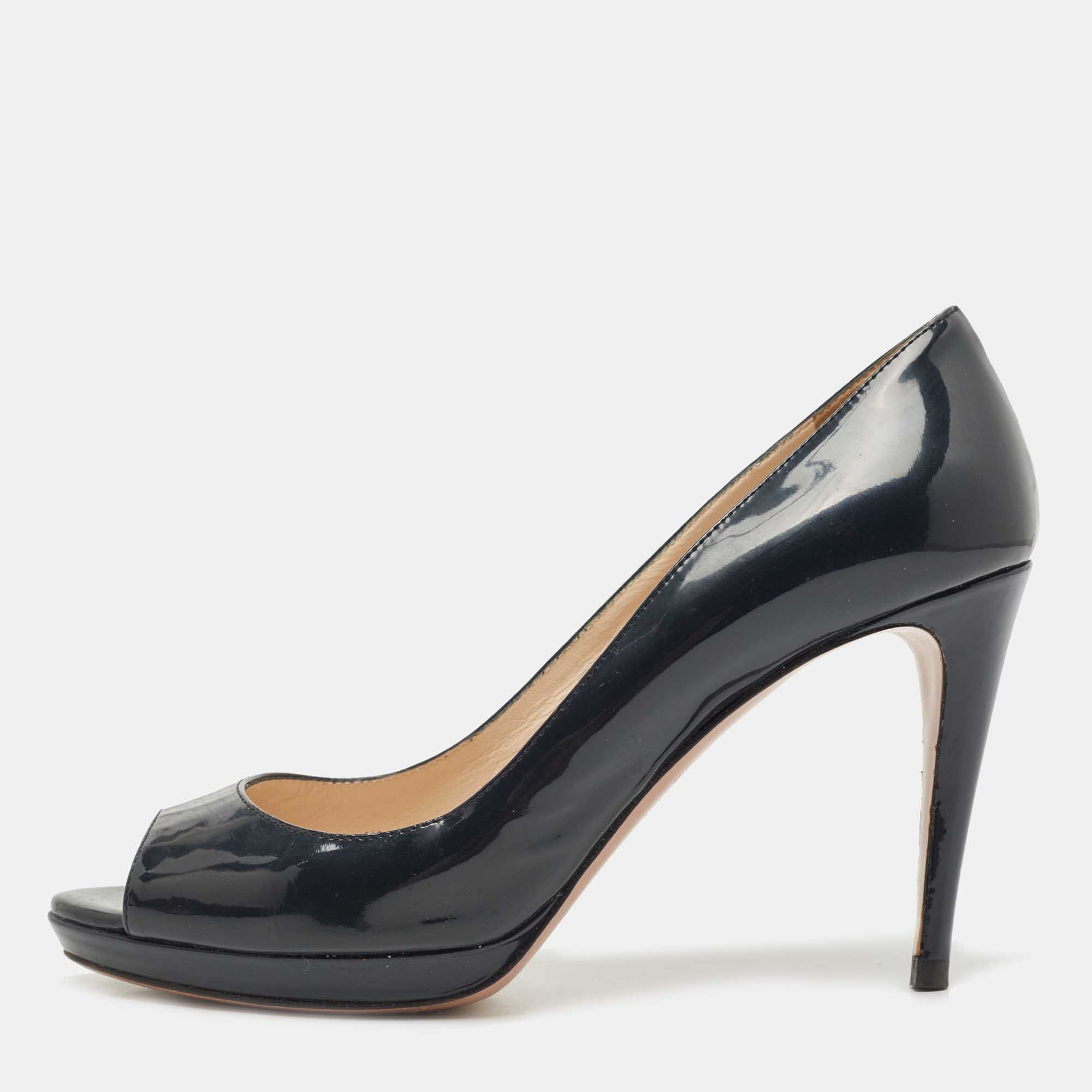 Pre Owned Prada Dark Navy Blue Patent Leather Peep Toe Platform Pumps Size 38.5