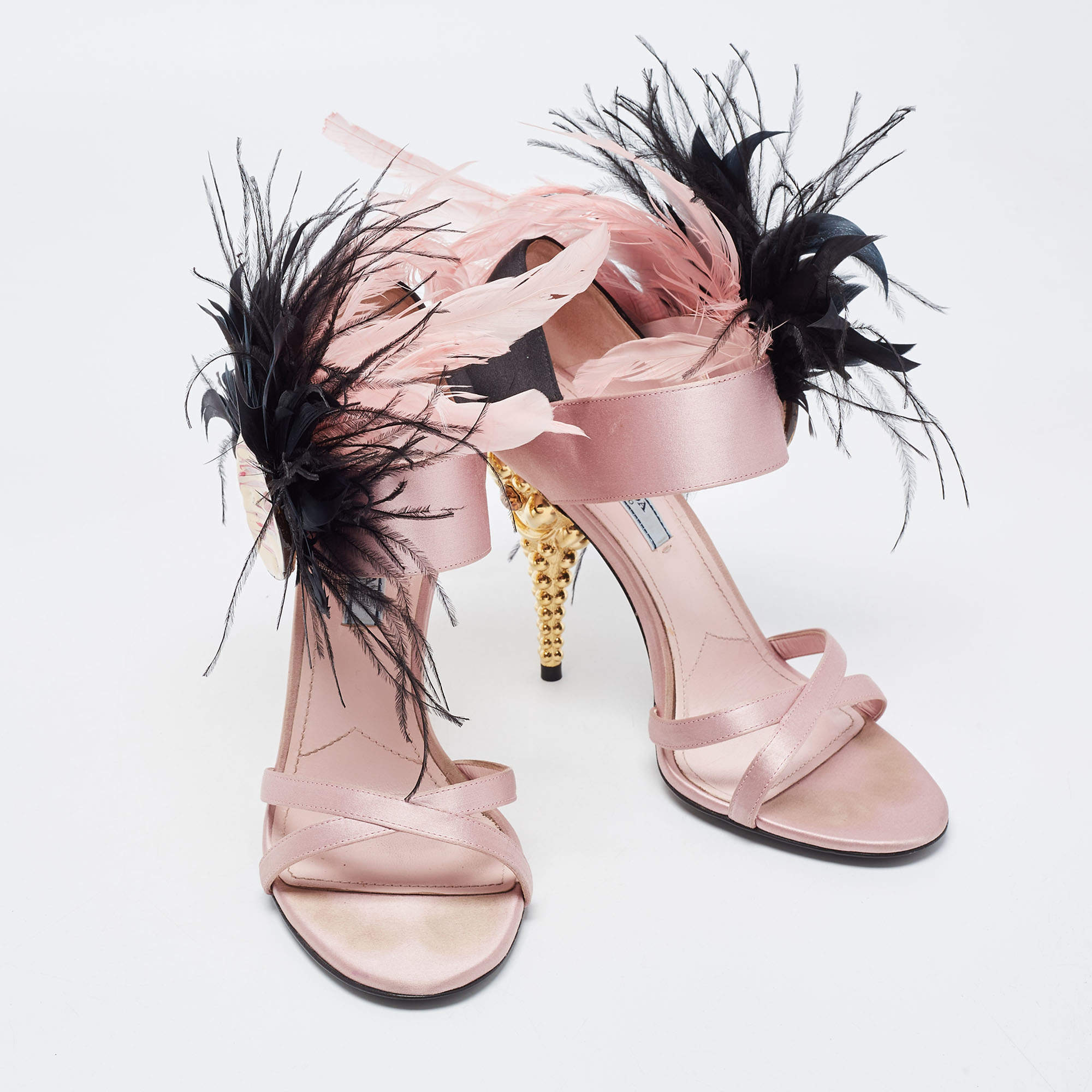 Prada Pink Satin and Feather Embellished Ankle Strap Sandals Size 38