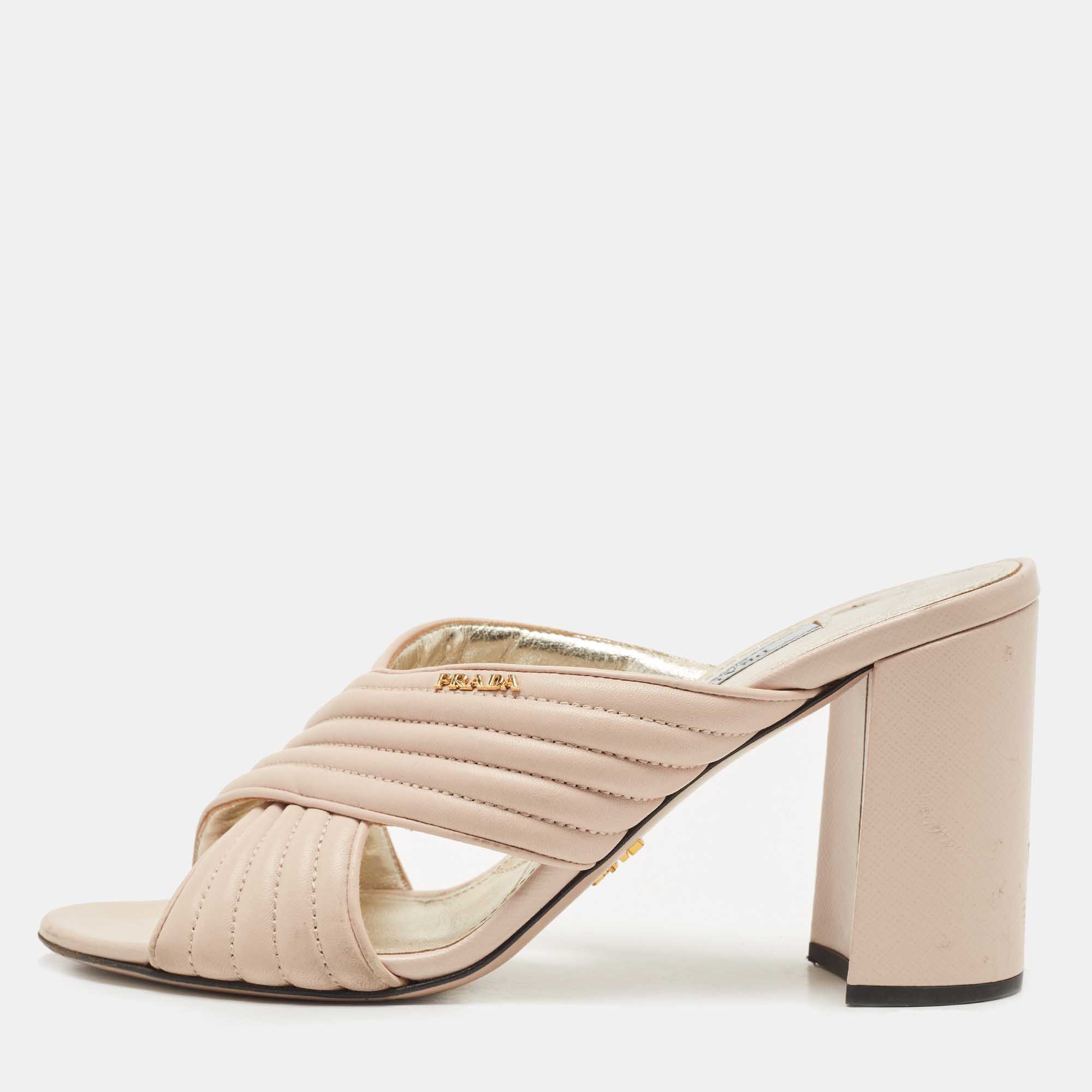 مملوكة مسبقًا Prada Beige Leather Crisscross Slide Sandals Size 38