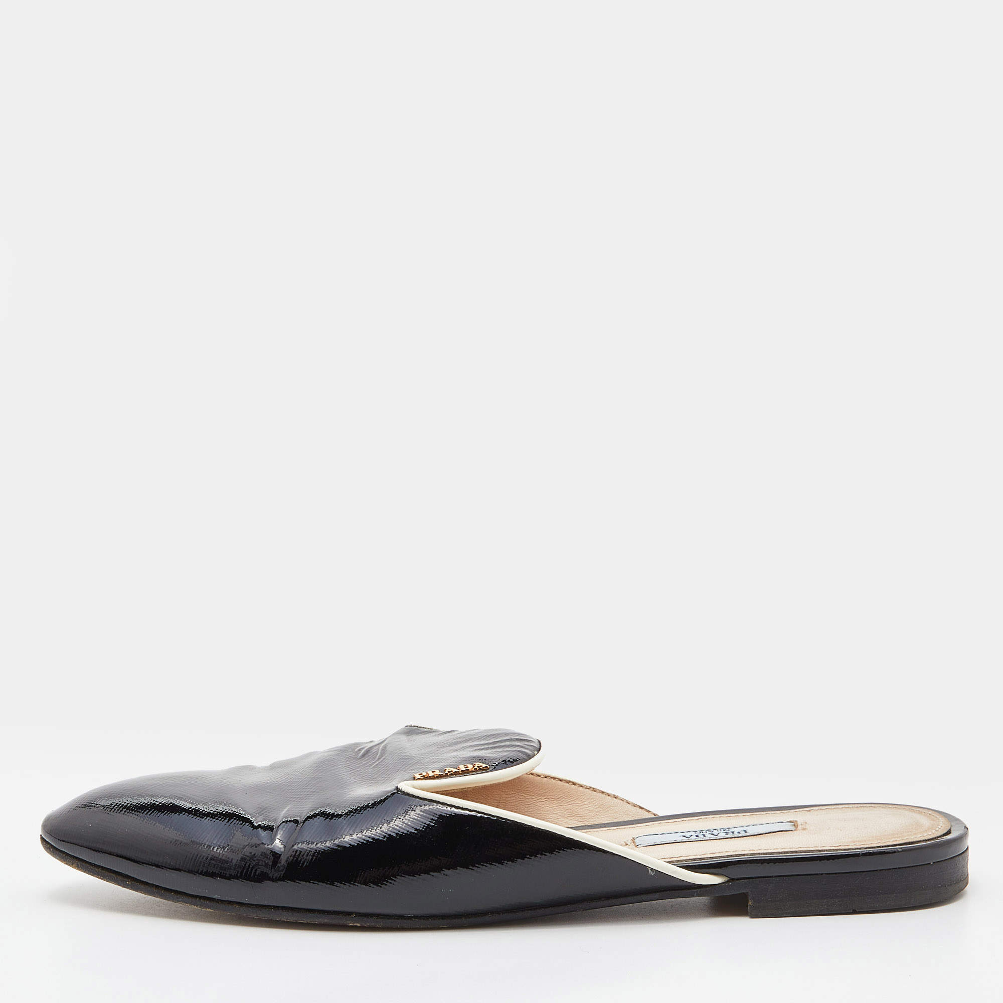  Prada Black Patent Leather Flat Mules Size 39