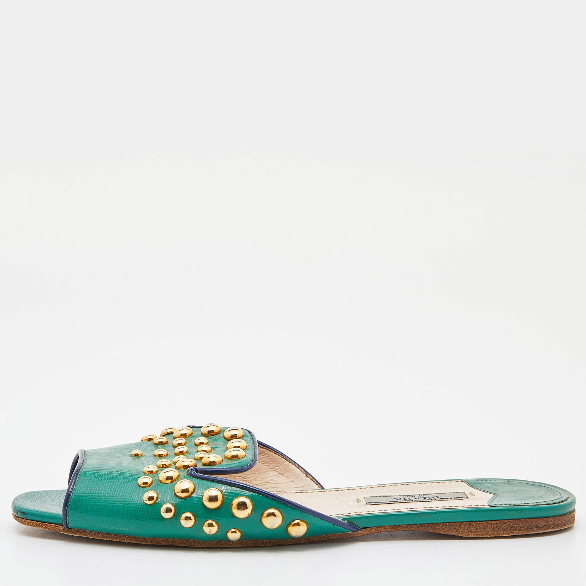 Pre Owned Prada Green Patent Leather Studded Flat Slides Size 38
