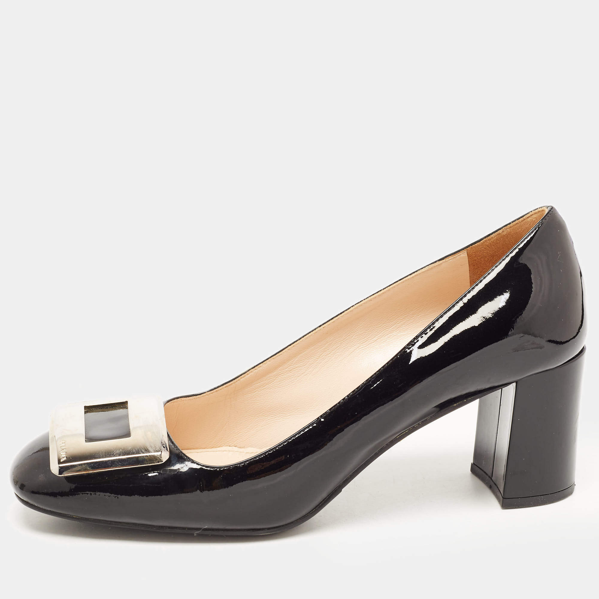 Prada Black Patent Leather Buckle Square Toe Pumps Size 37.5
