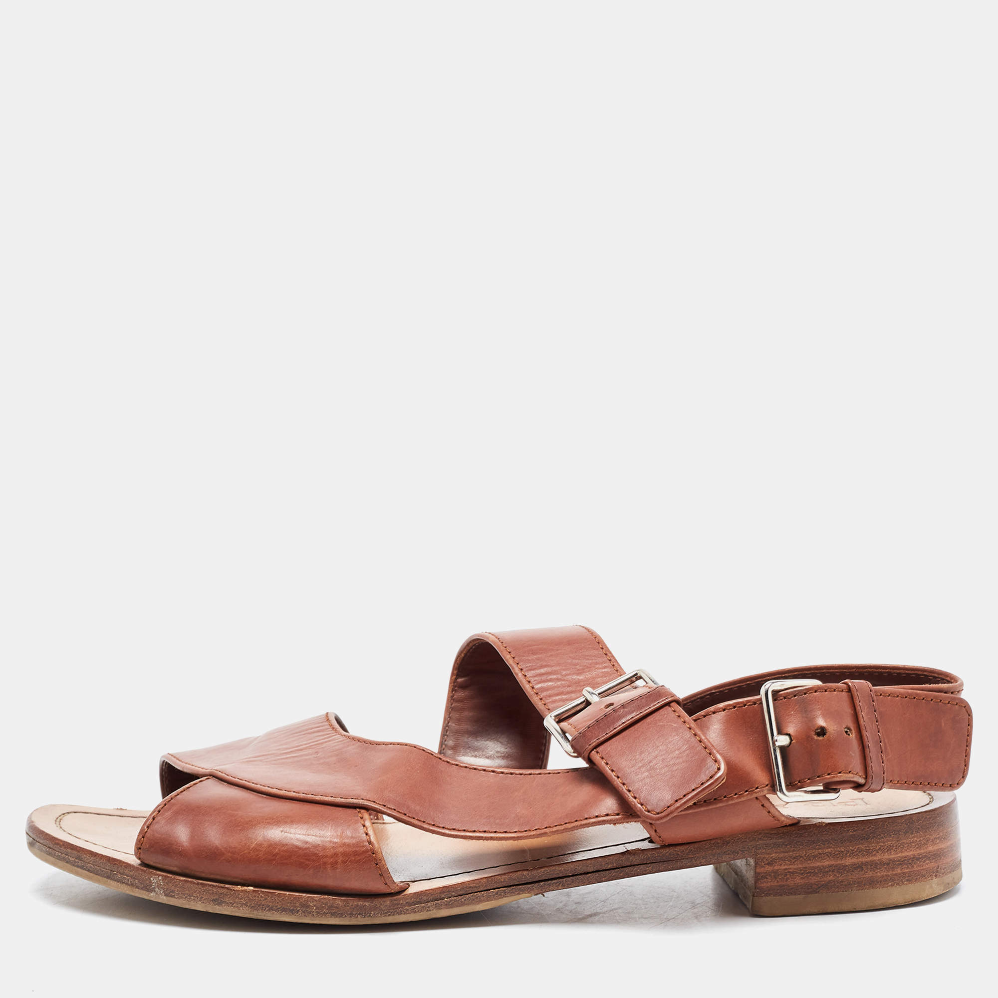 Prada Brown Leather Flat Strappy Sandals Size 38.5