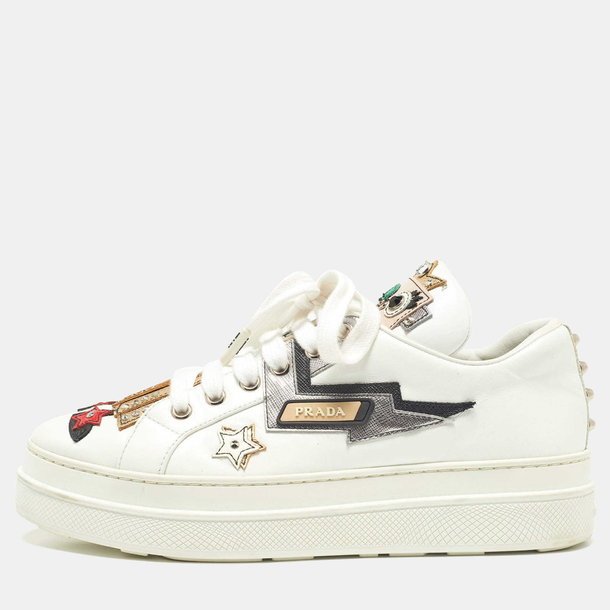 مملوكة مسبقًا Prada White Leather Robot Queen Patchwork Low Top Sneakers Size 38