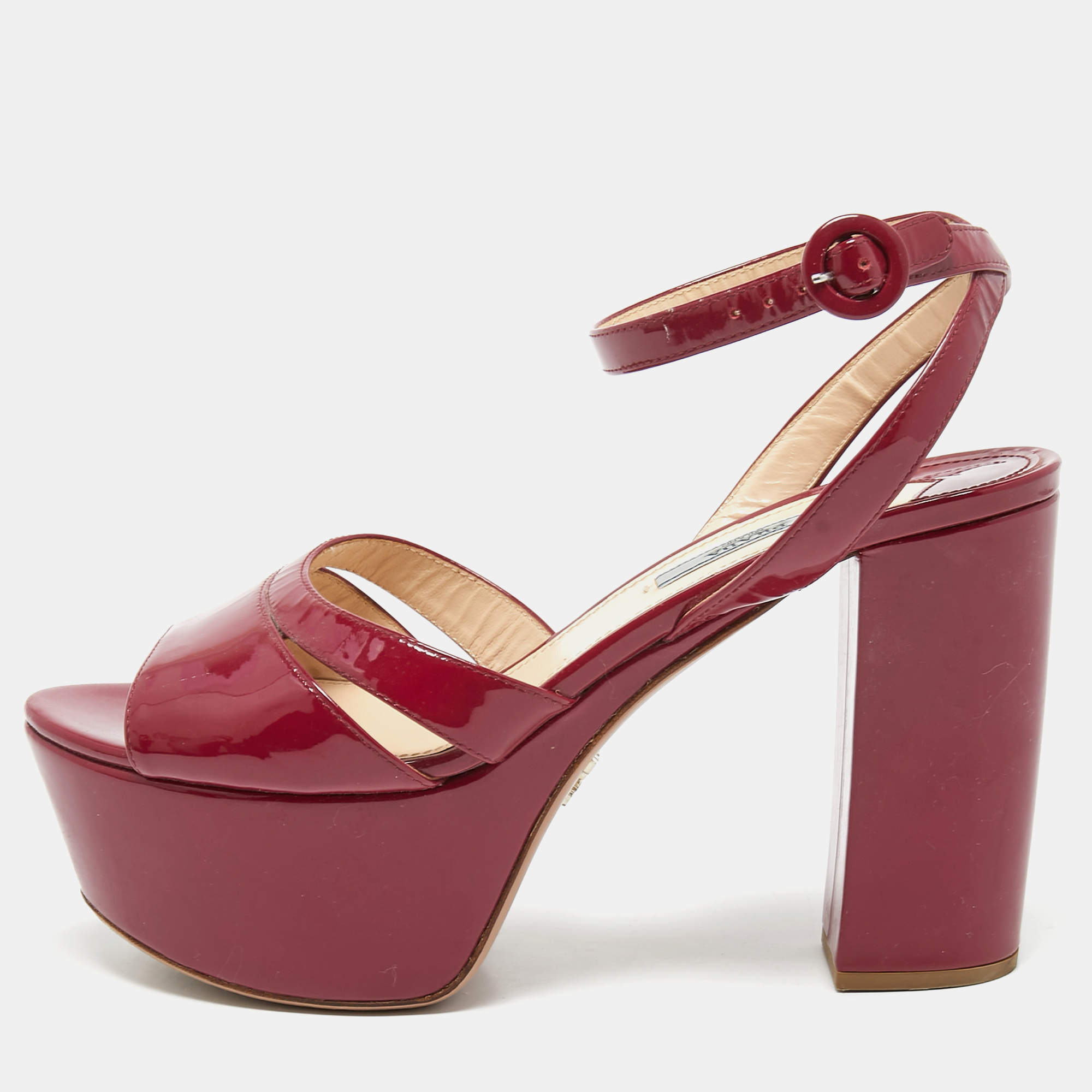 Prada Burgundy Patent Leather Ankle Strap Platform Sandals Size 39.5