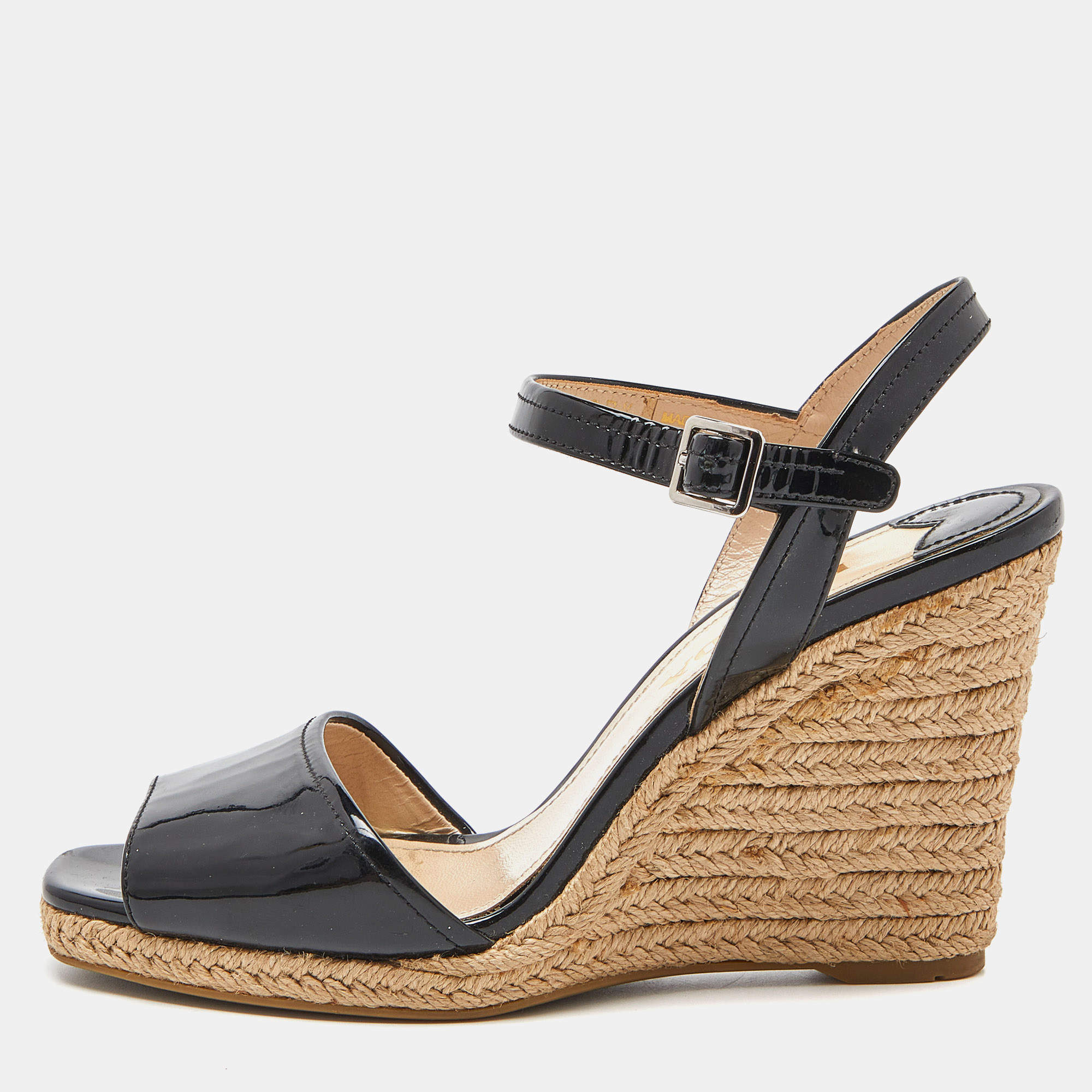 مملوكة مسبقًا Prada Black Patent Leather Espadrille Wedge Ankle Strap Sandals Size 37.5