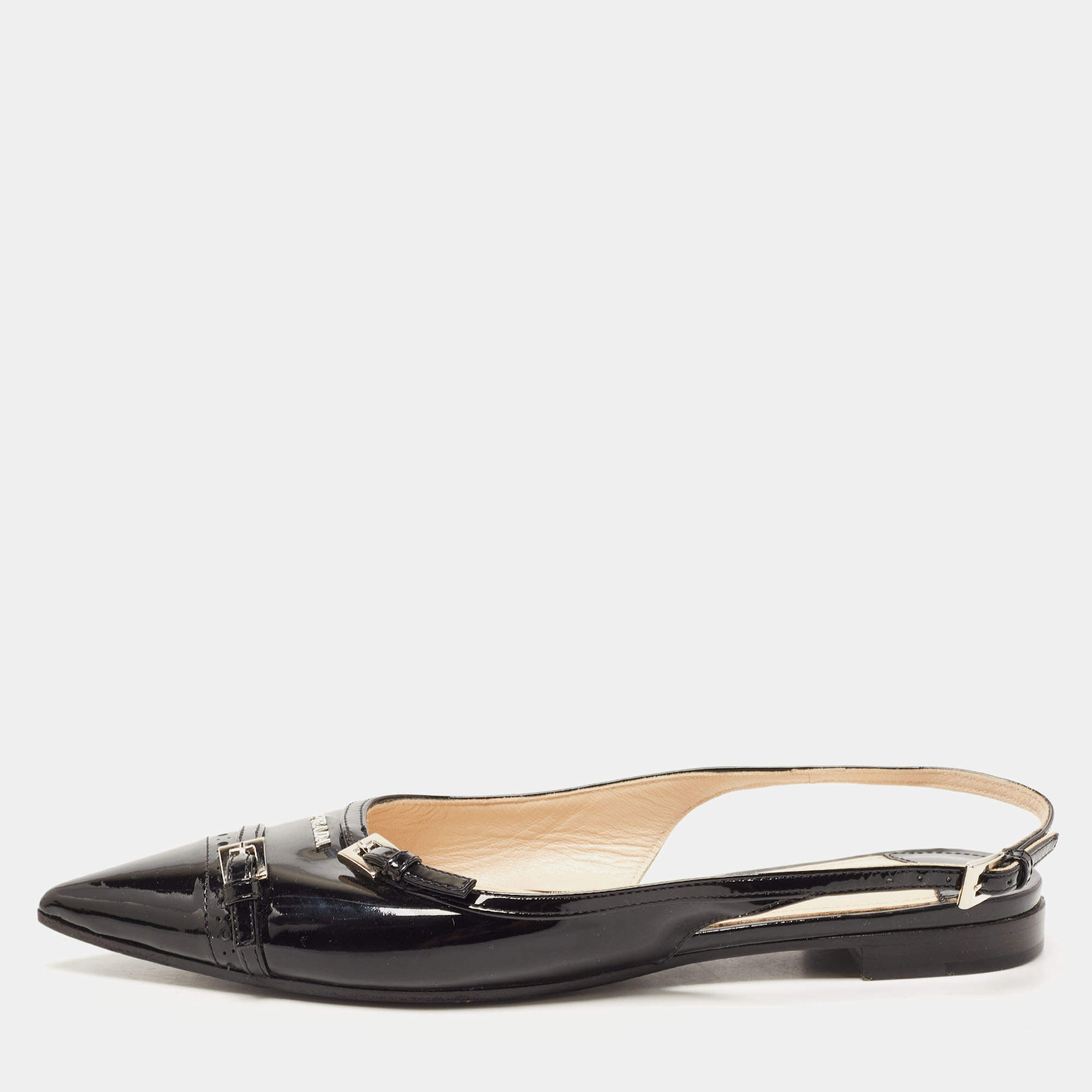 Prada Black Patent Leather Slingback Flats Size 36.5