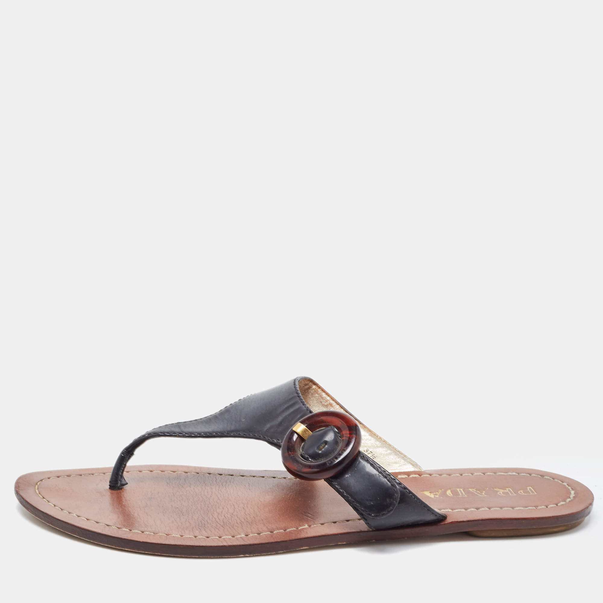 Pre Owned Prada Black Patent Leather Thong Flats Size 37.5